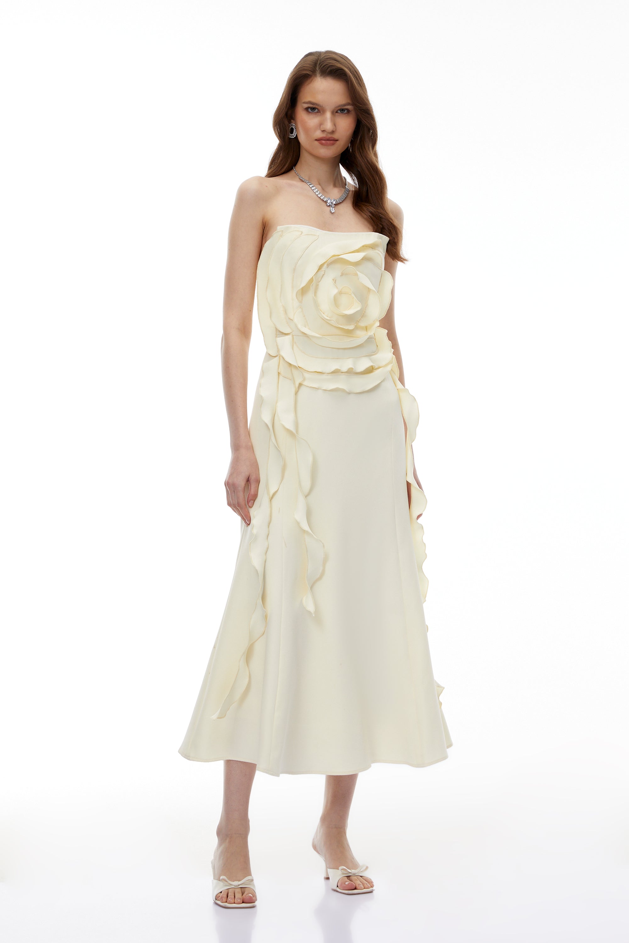 Theodosia Cream White Off Shoulder Maxi Dress with 3D Petals