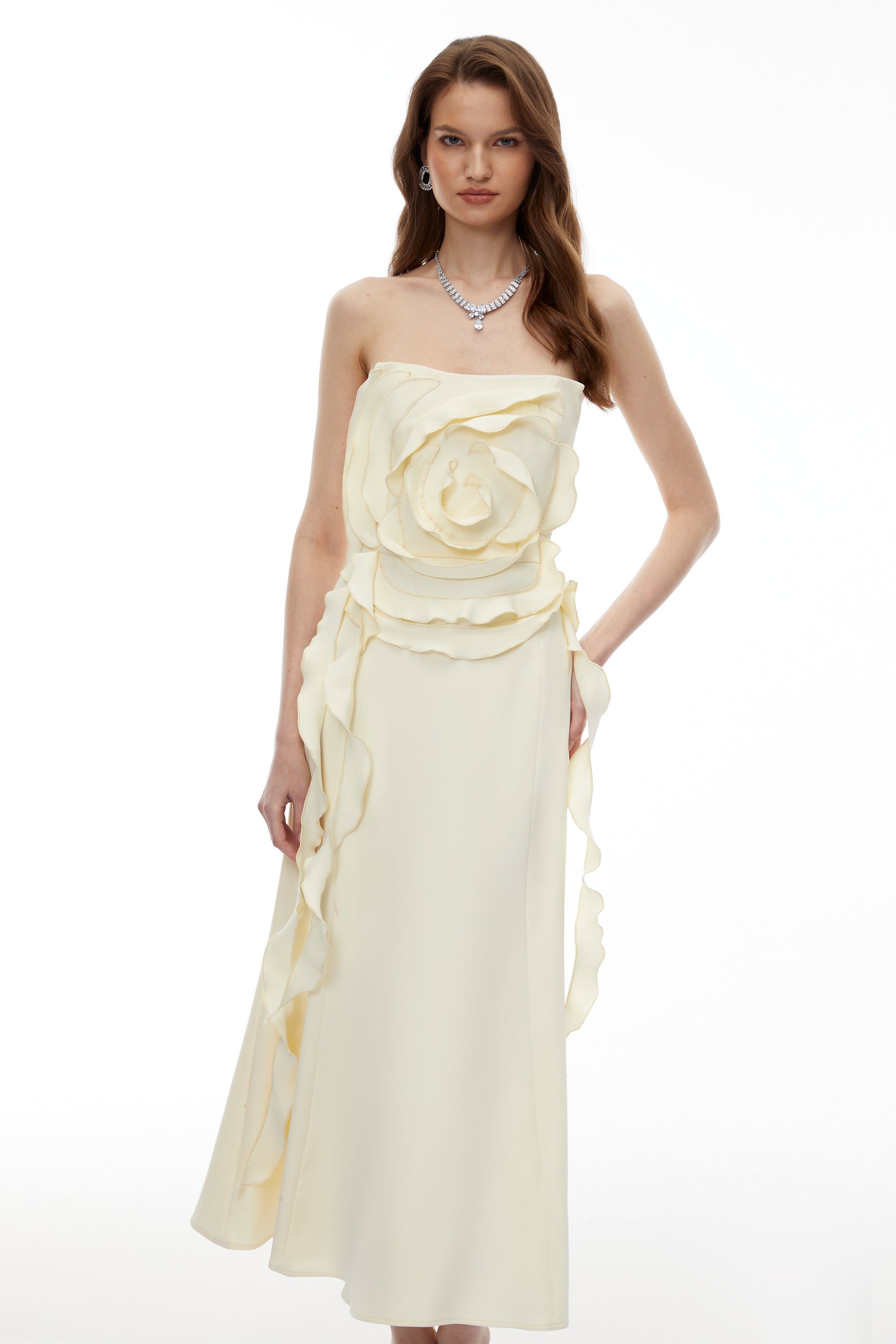 Theodosia Cream White Off Shoulder Maxi Dress with 3D Petals