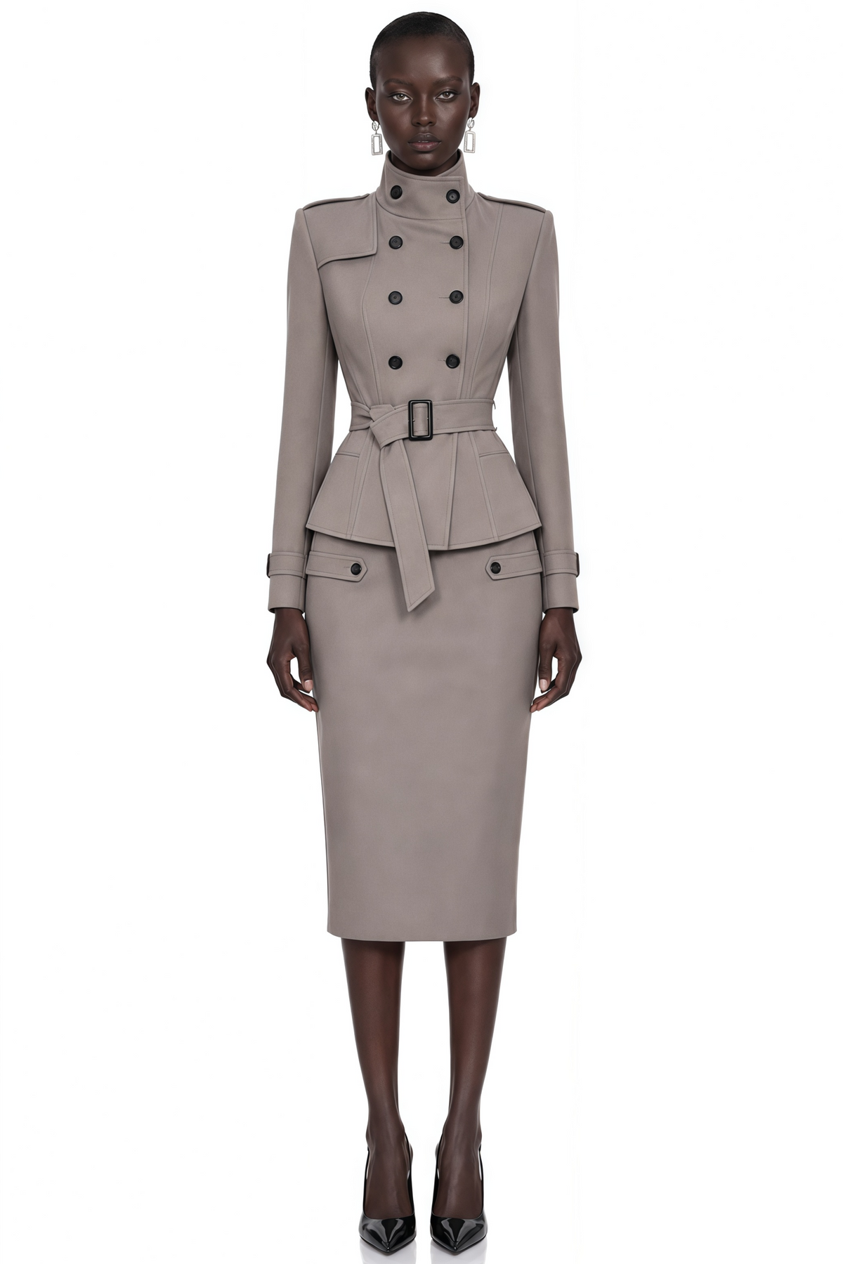 therese grey high neck belted jacket & skirt set