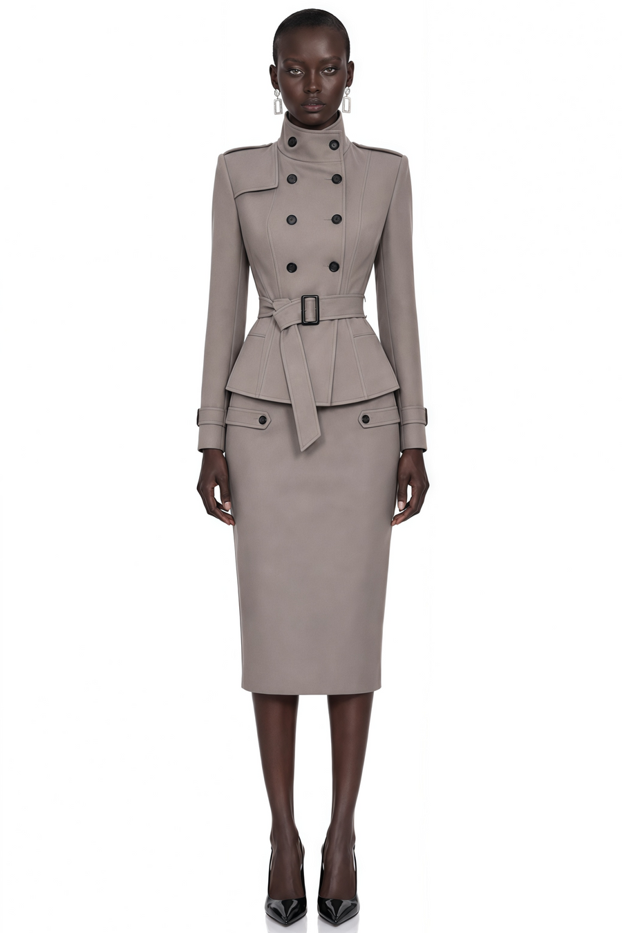 therese grey high neck belted jacket & skirt set