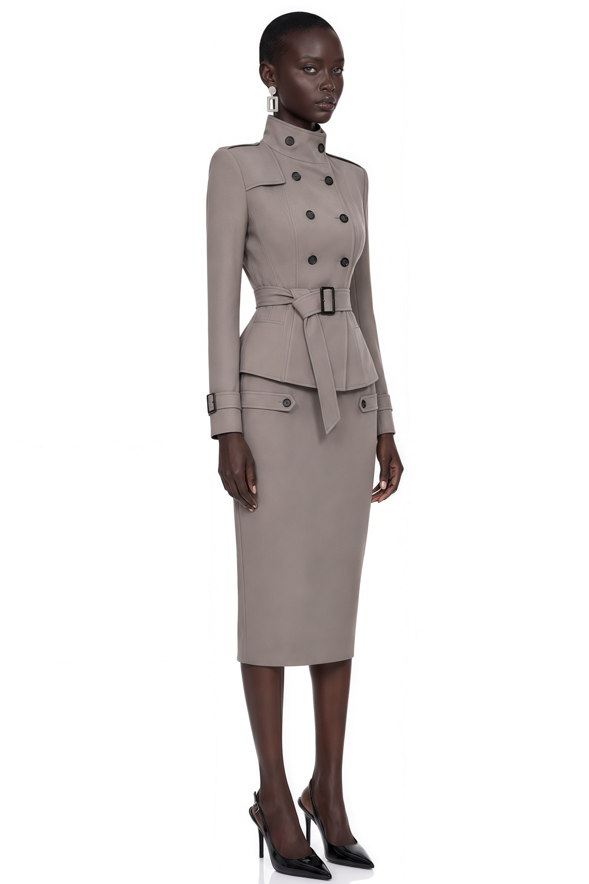 therese grey high neck belted jacket & skirt set