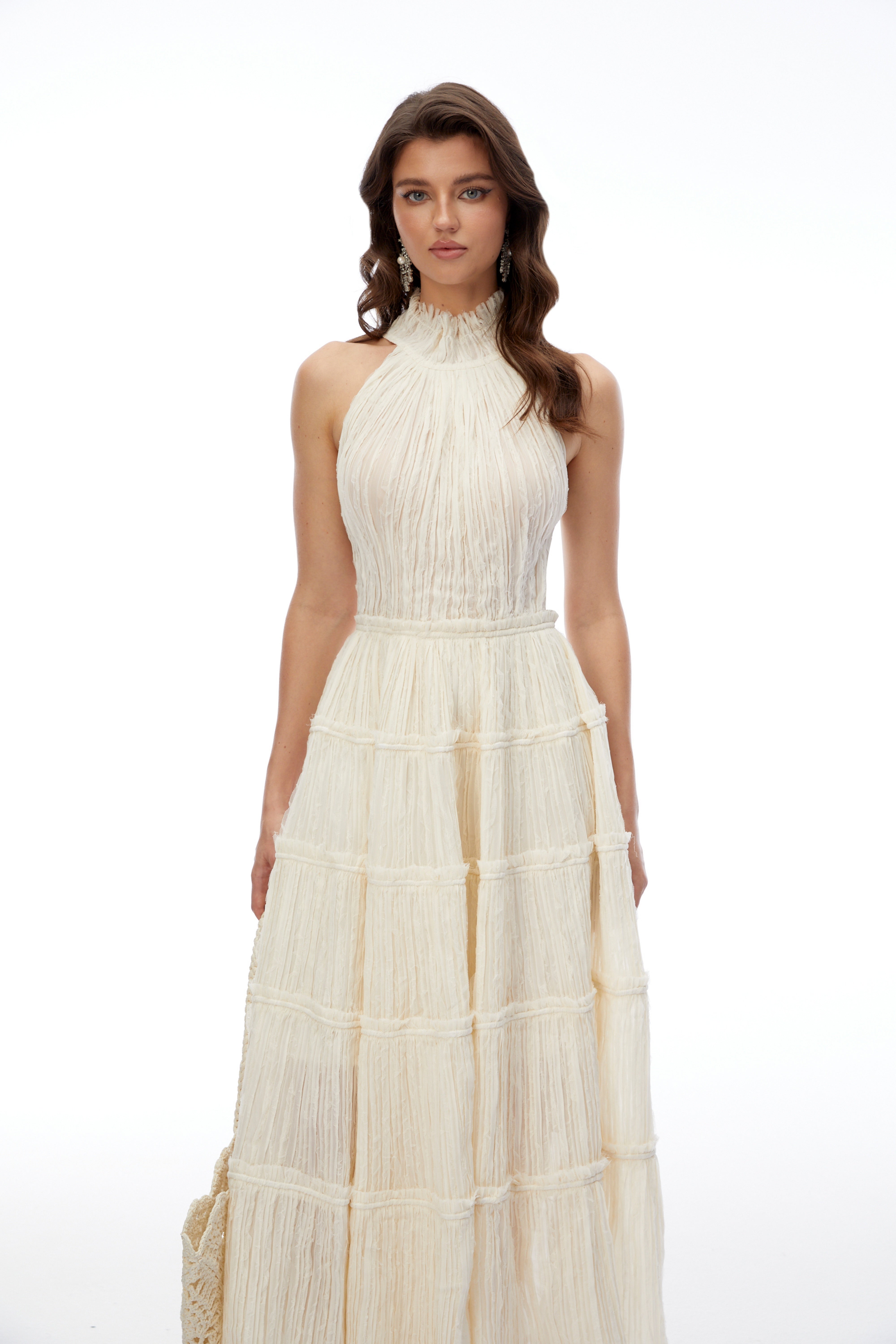 Elizabeth White Halterneck Frilled Maxi Dress
