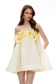Tisiphone Yellow Off Shoulder Mini Dress with 3D Florals