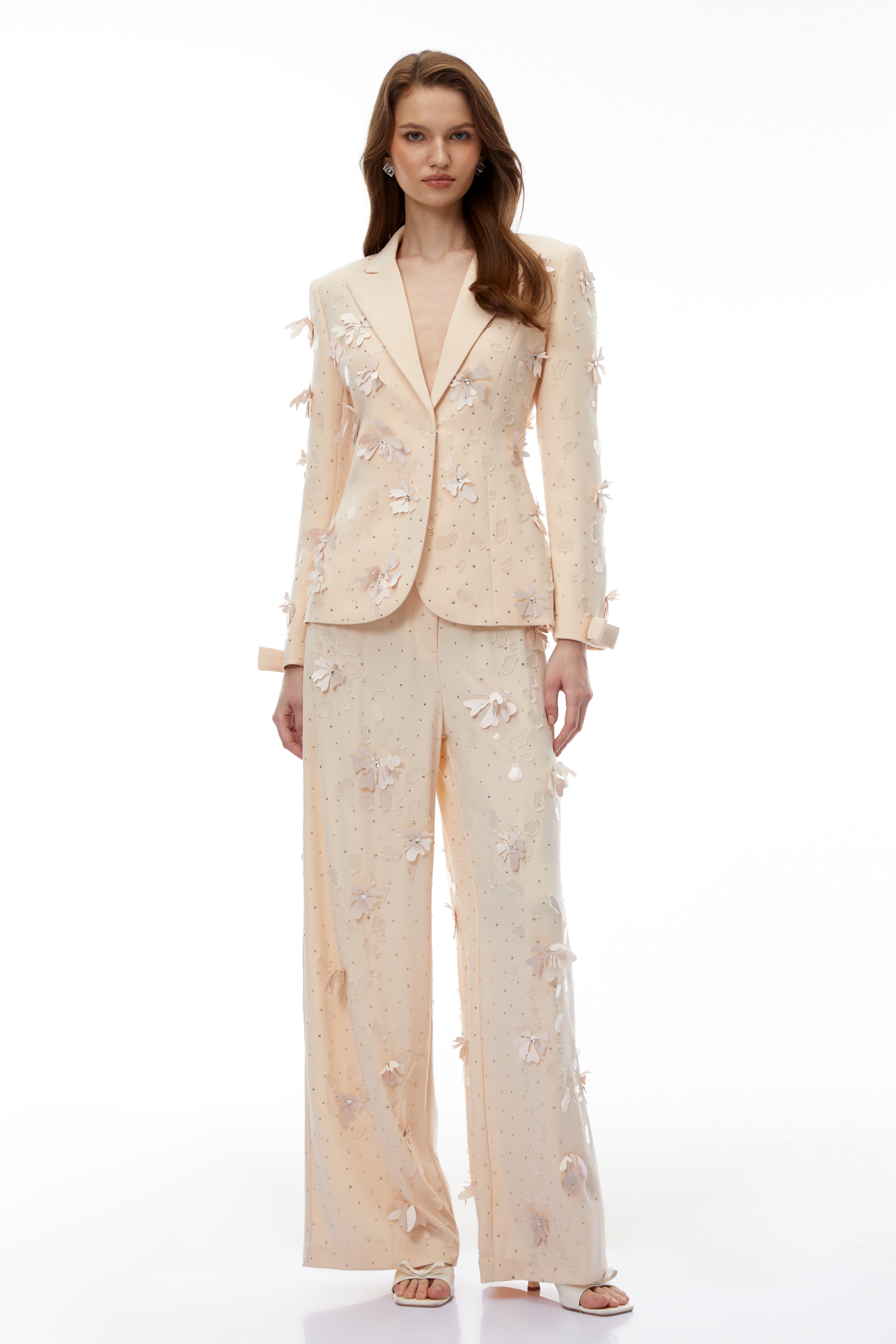 Titania Neutral 3D-Floral Beaded Jacket & Trousers Set