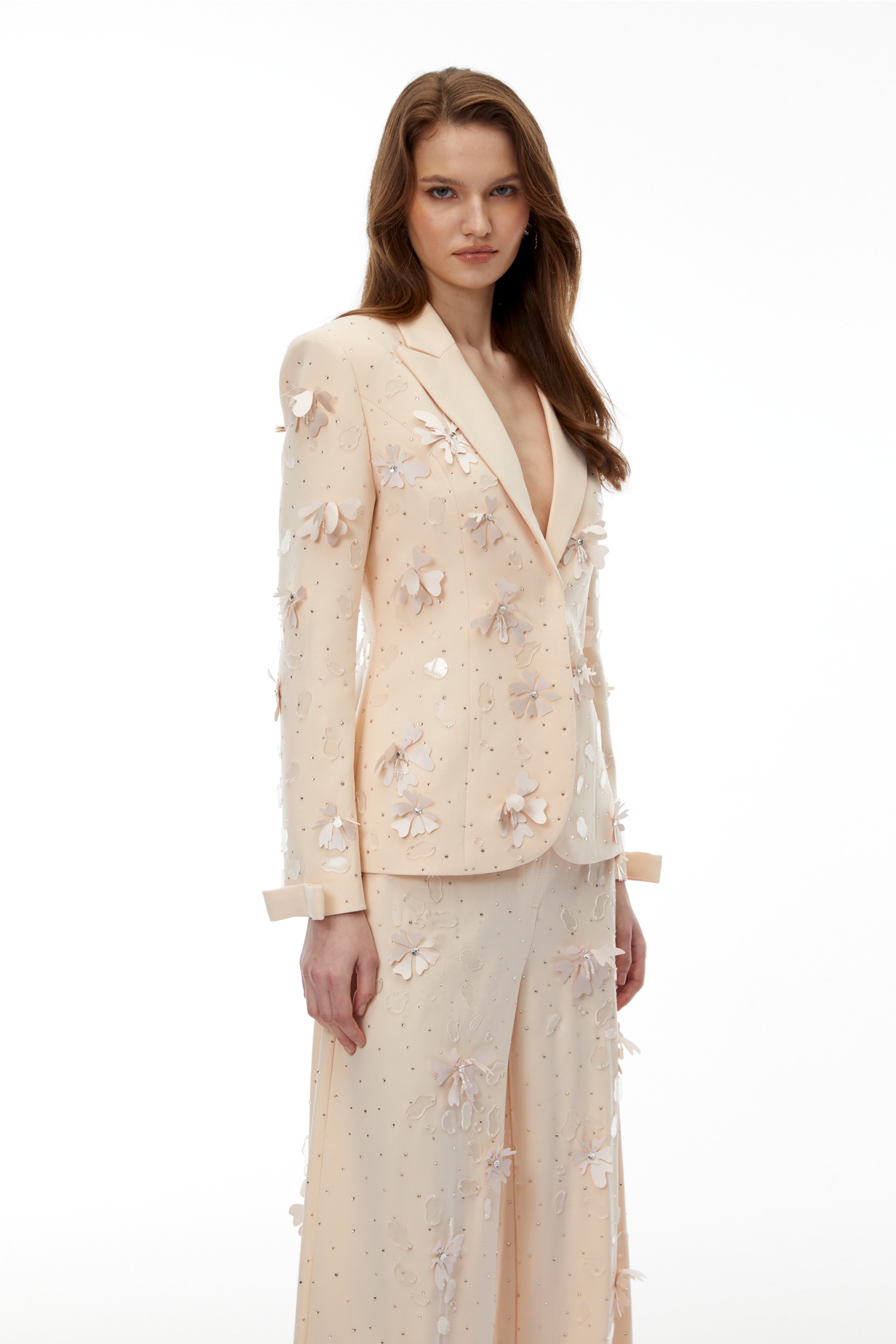 Titania Neutral 3D-Floral Beaded Jacket & Trousers Set