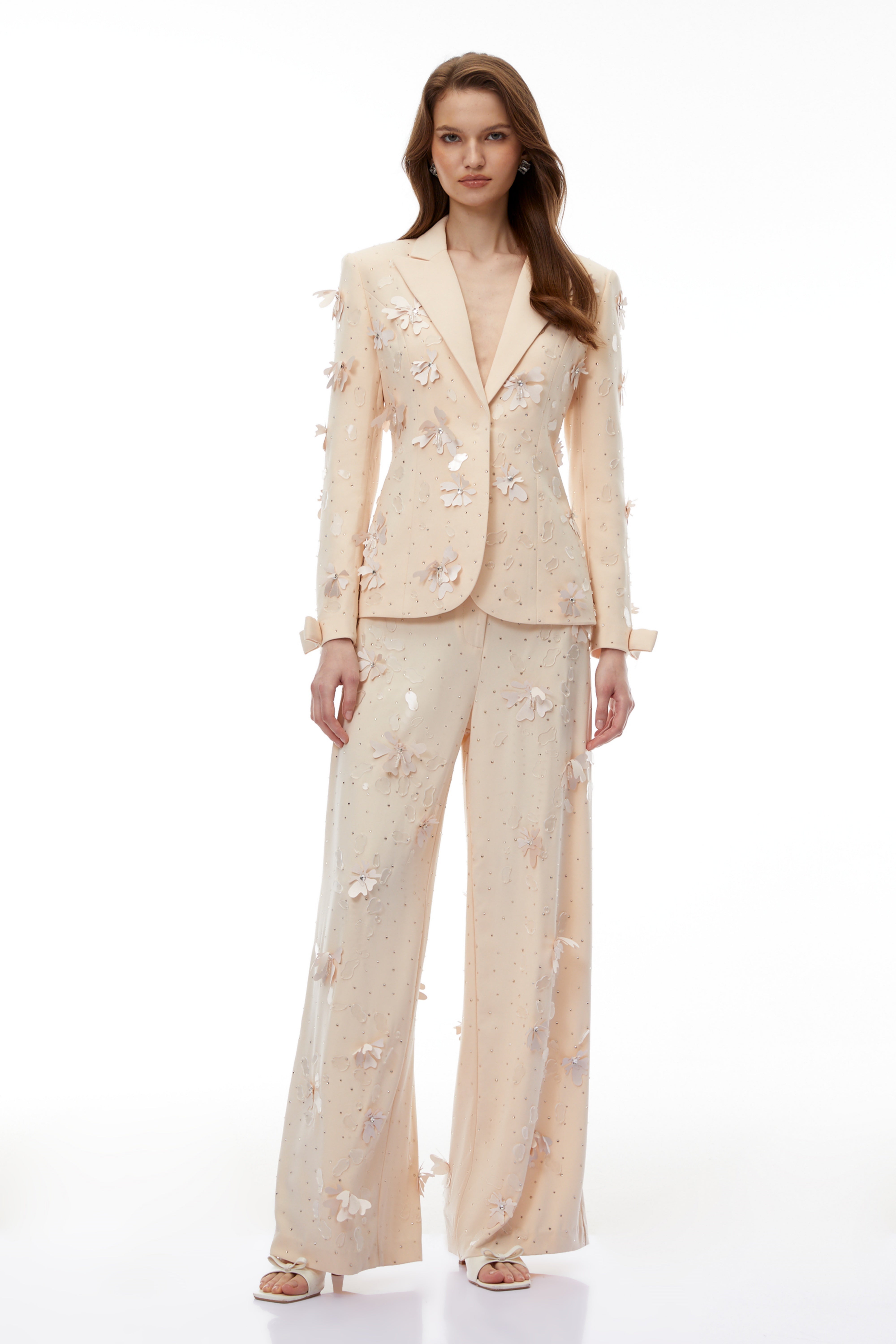 Titania Neutral 3D-Floral Beaded Jacket & Trousers Set