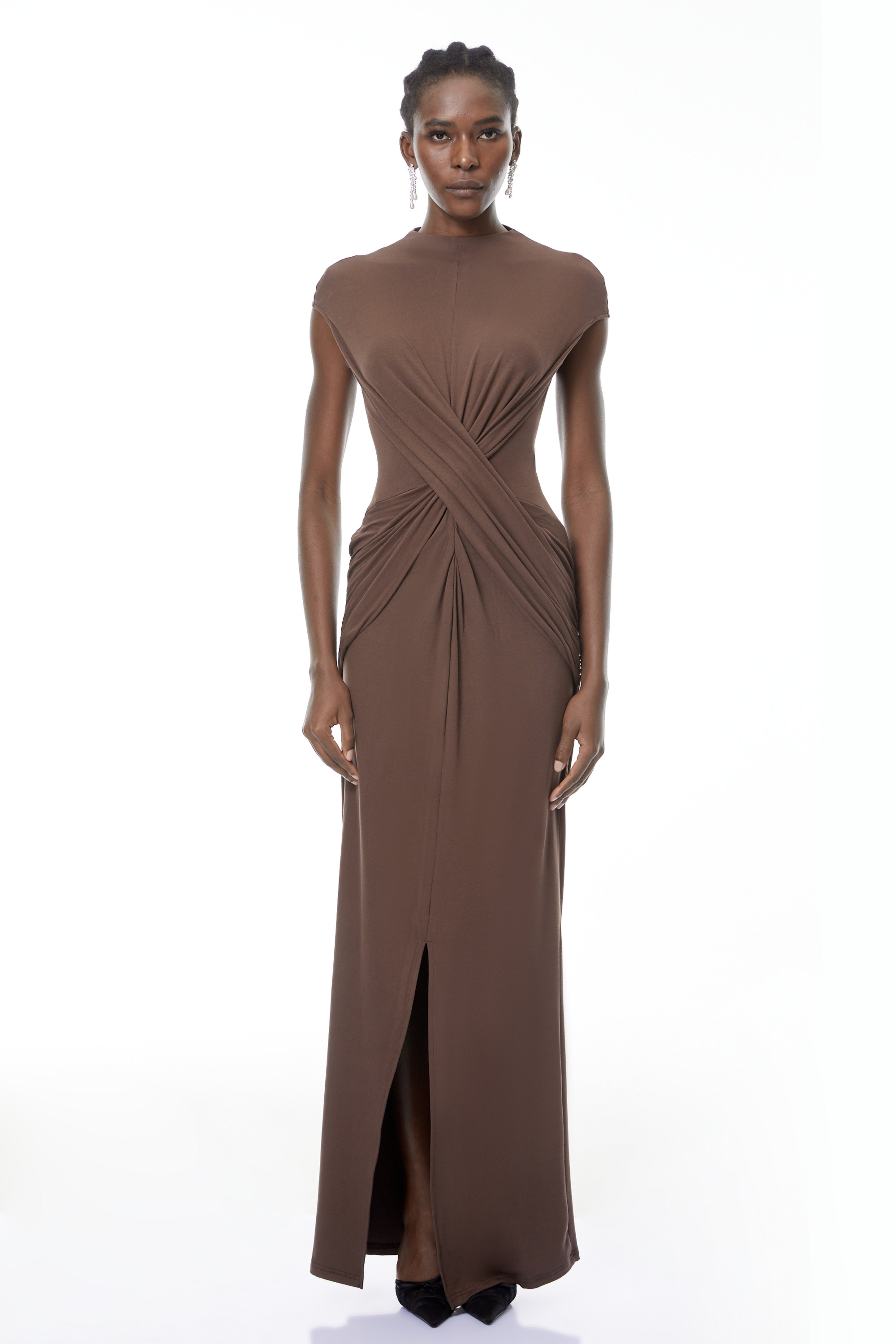 Tone Chocolate Brown Cross-Over Maxi Dress (Final Sale)
