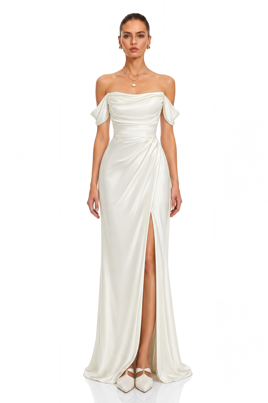 trudie white off shoulder draped slit maxi dress