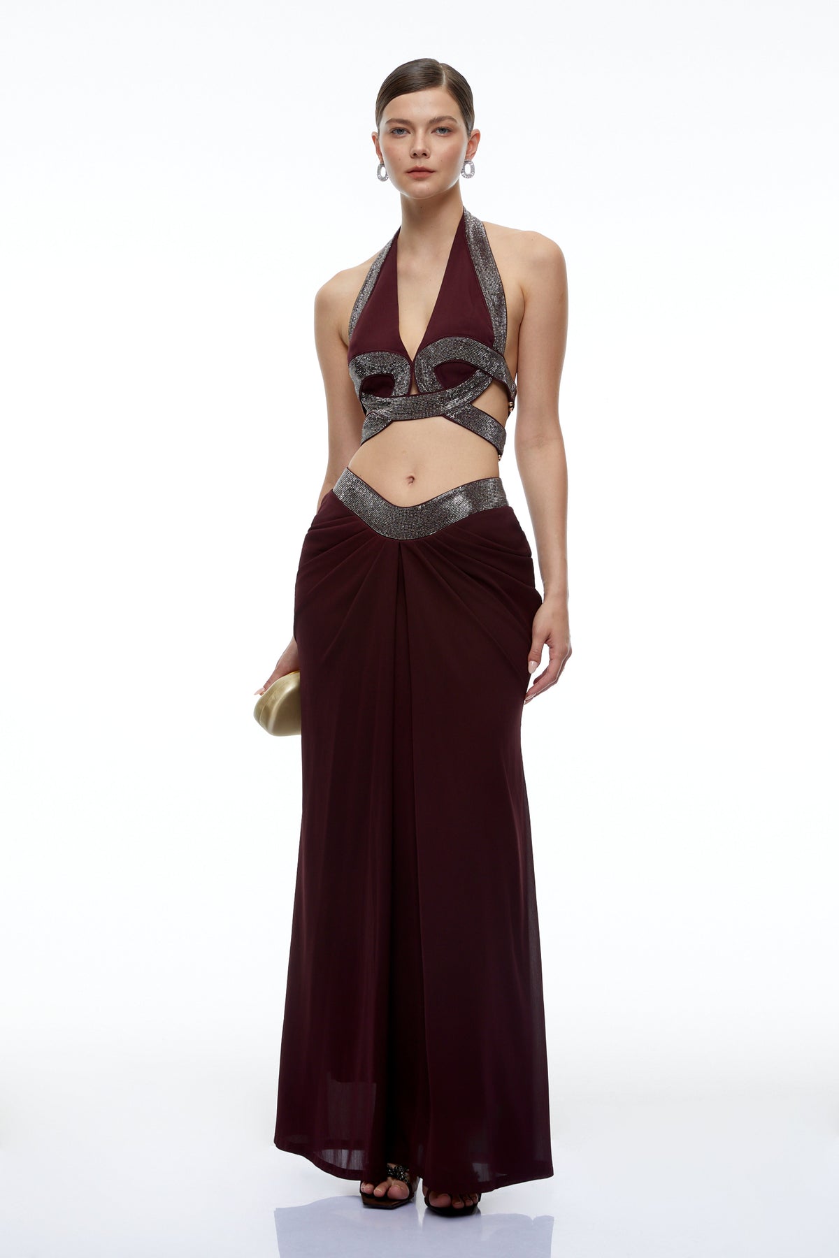 unni brown halterneck rhinestone top & ruched skirt set
