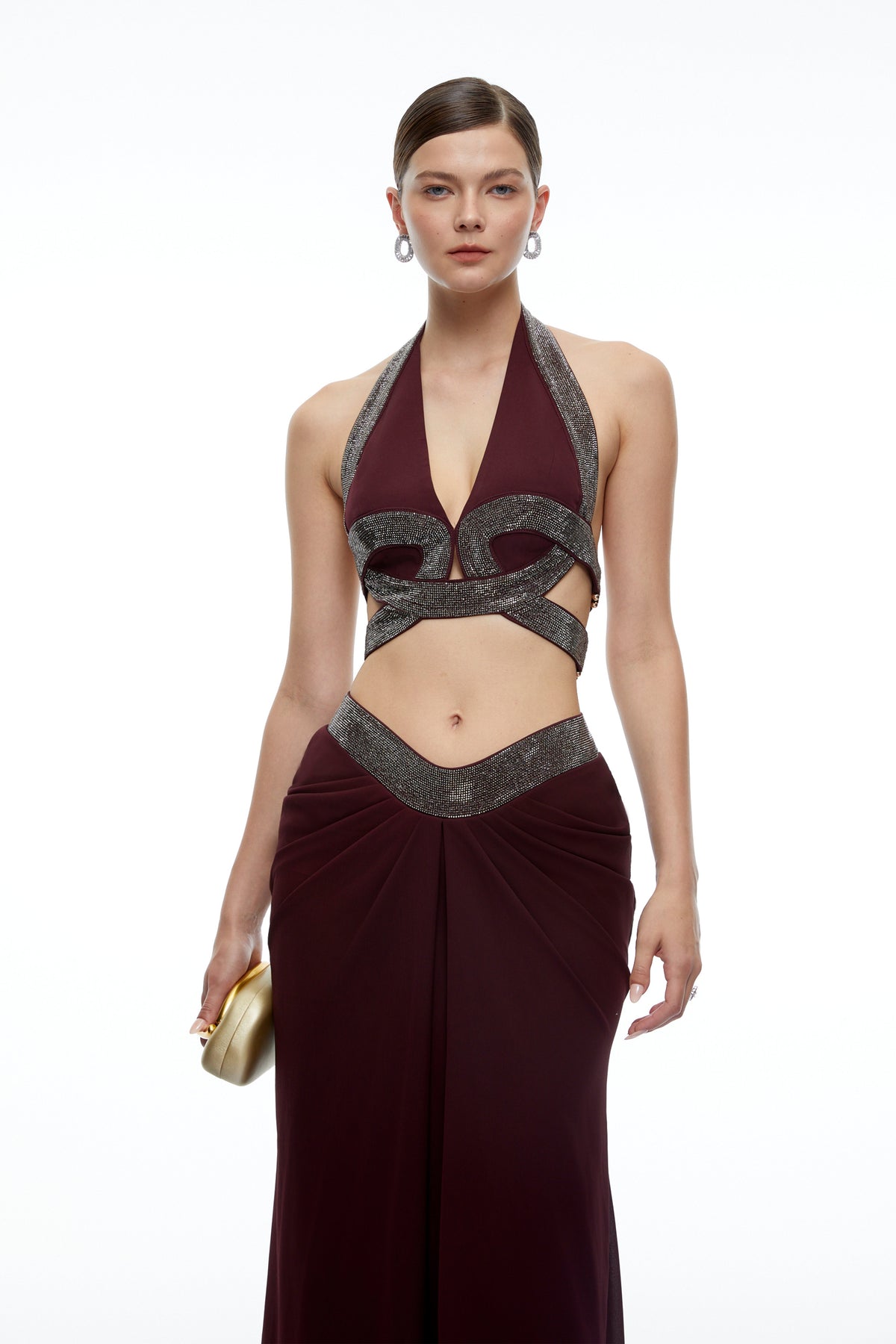 unni brown halterneck rhinestone top & ruched skirt set