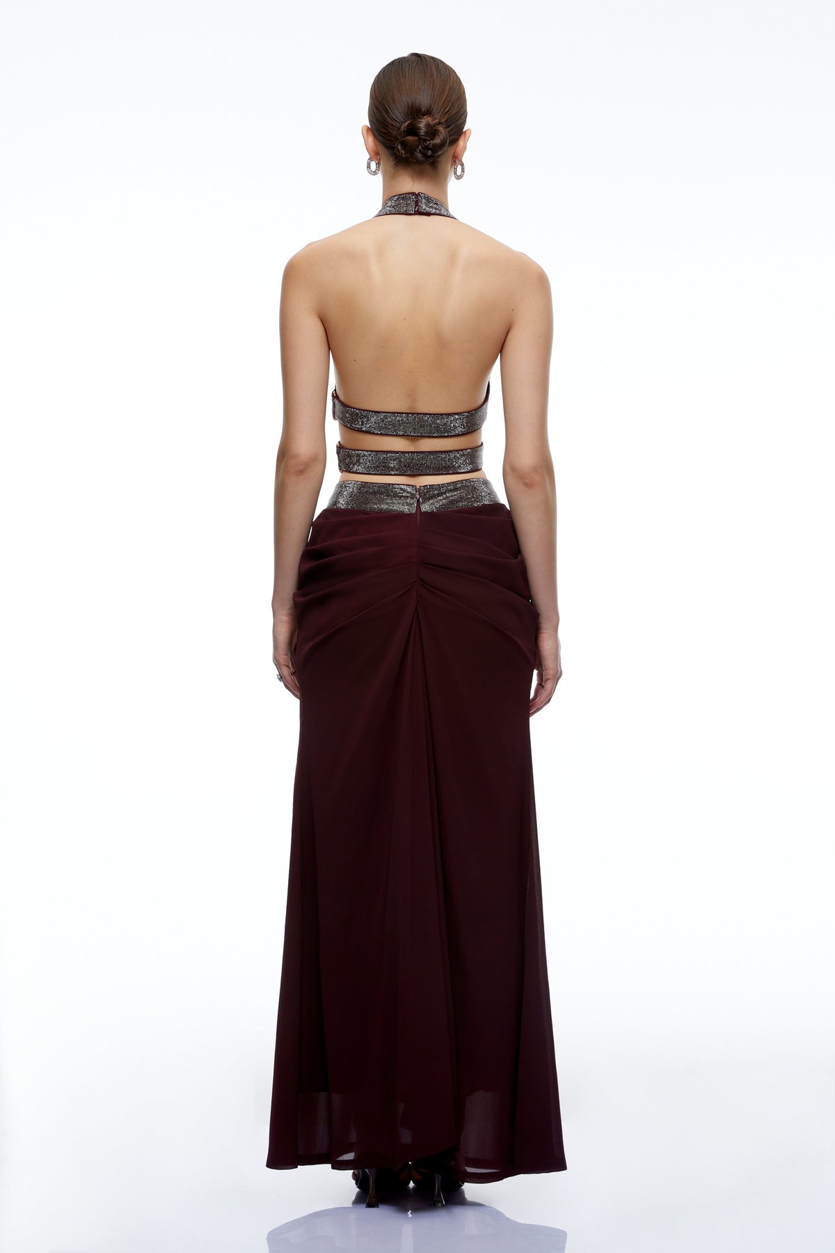 unni brown halterneck rhinestone top & ruched skirt set