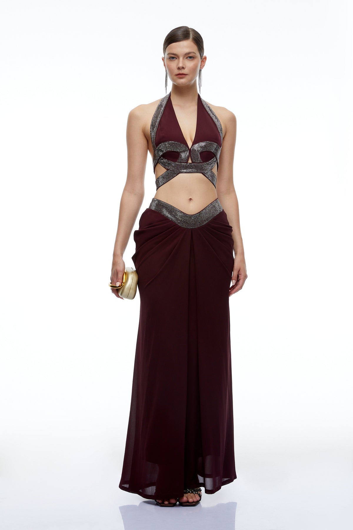unni brown halterneck rhinestone top & ruched skirt set