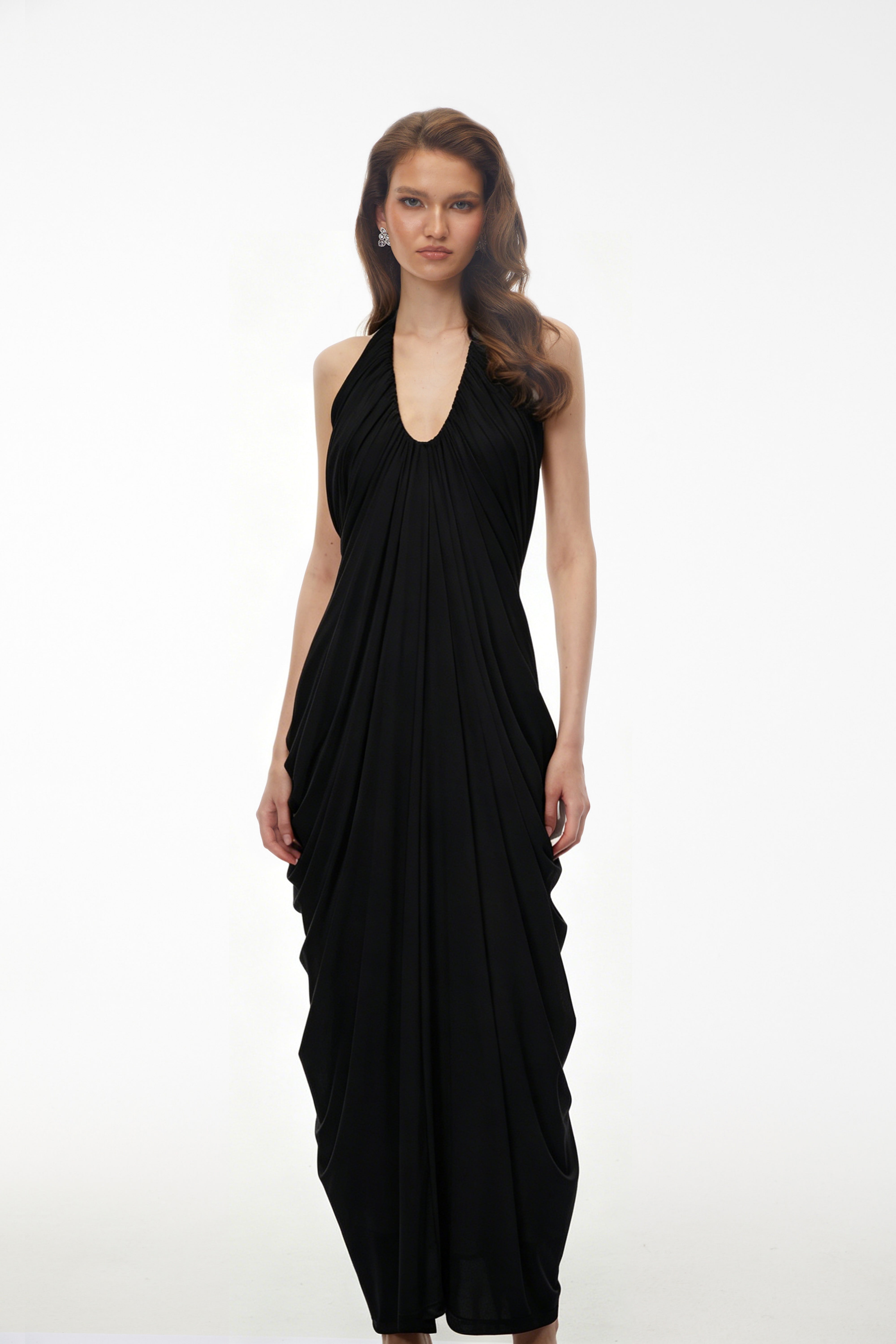 Ushas Black Halterneck Draped Maxi Dress