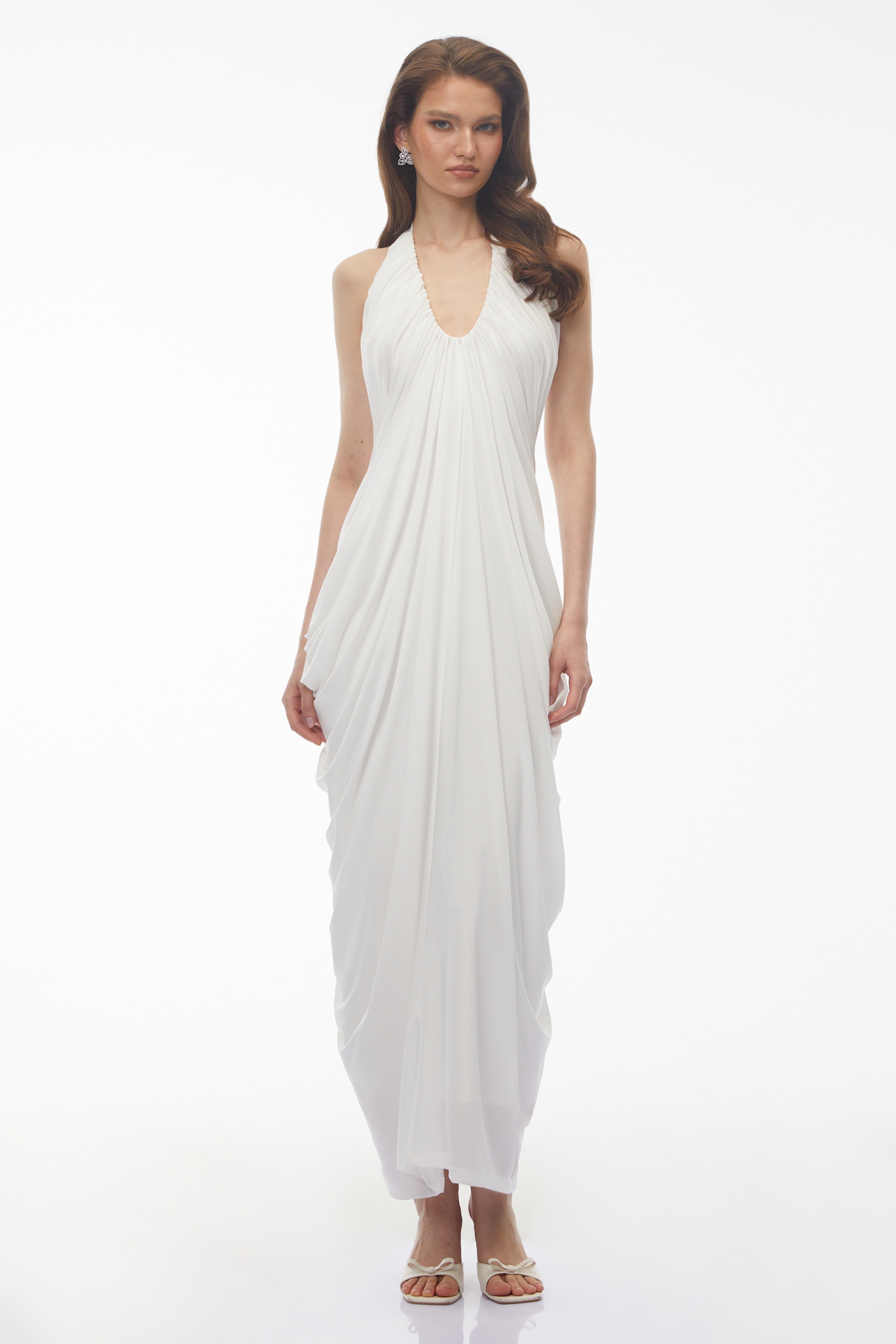 Ushas White Halterneck Draped Maxi Dress (Final Sale)
