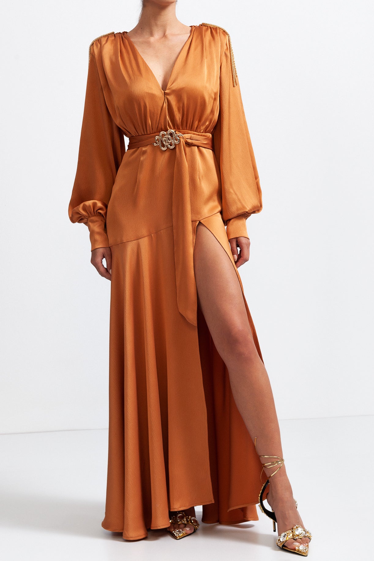 ELANI V-neck Maxi Dress with Golden Details - Caramel Brown