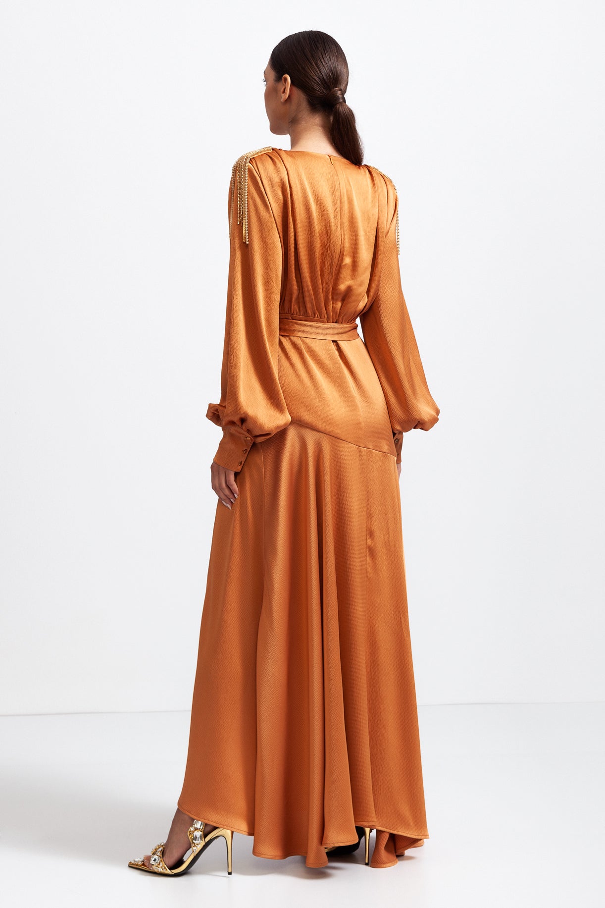 ELANI V-neck Maxi Dress with Golden Details - Caramel Brown