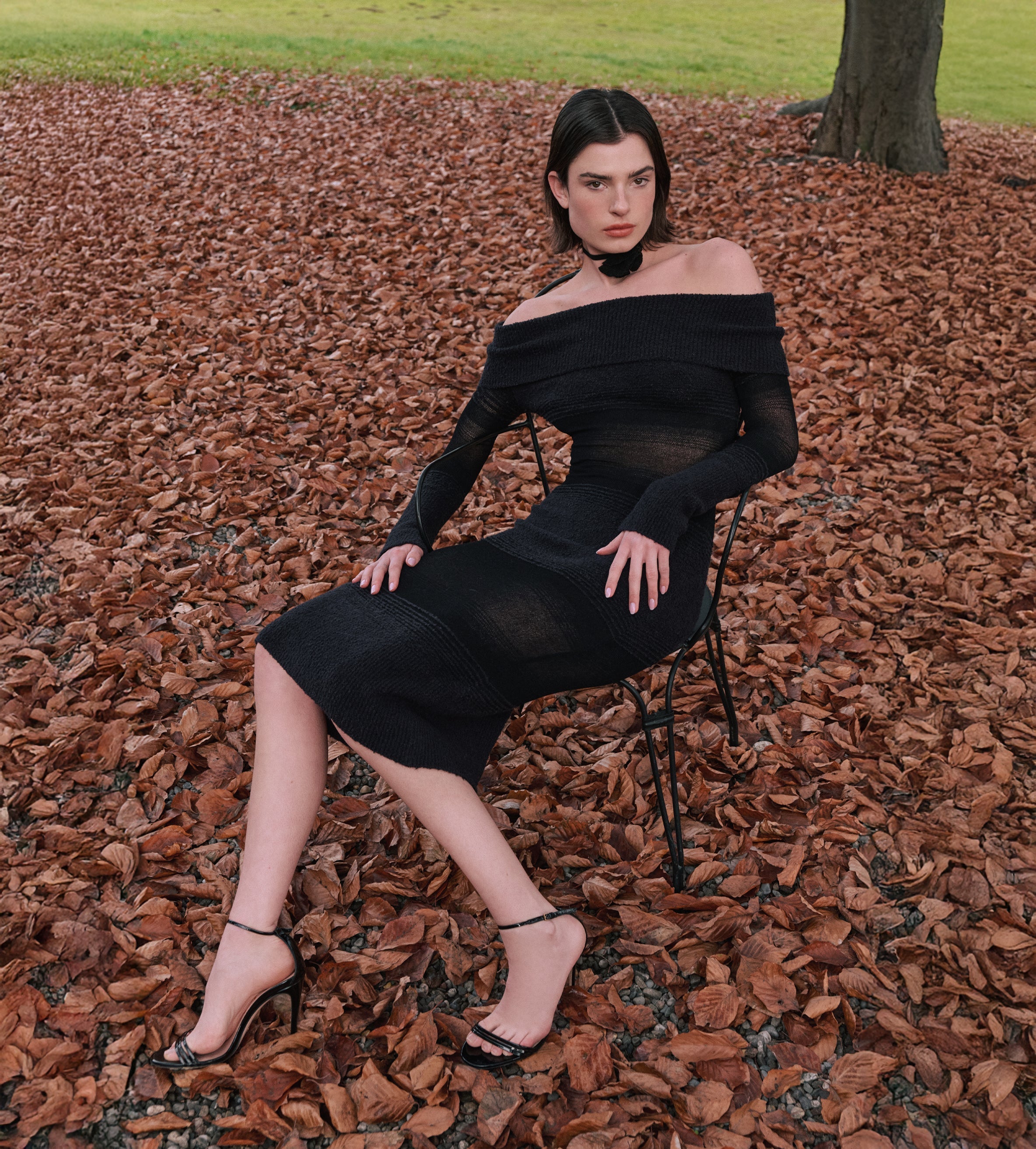 GALATEA OFF-SHOULDER MESH MIDI/MAXI DRESS – JET BLACK