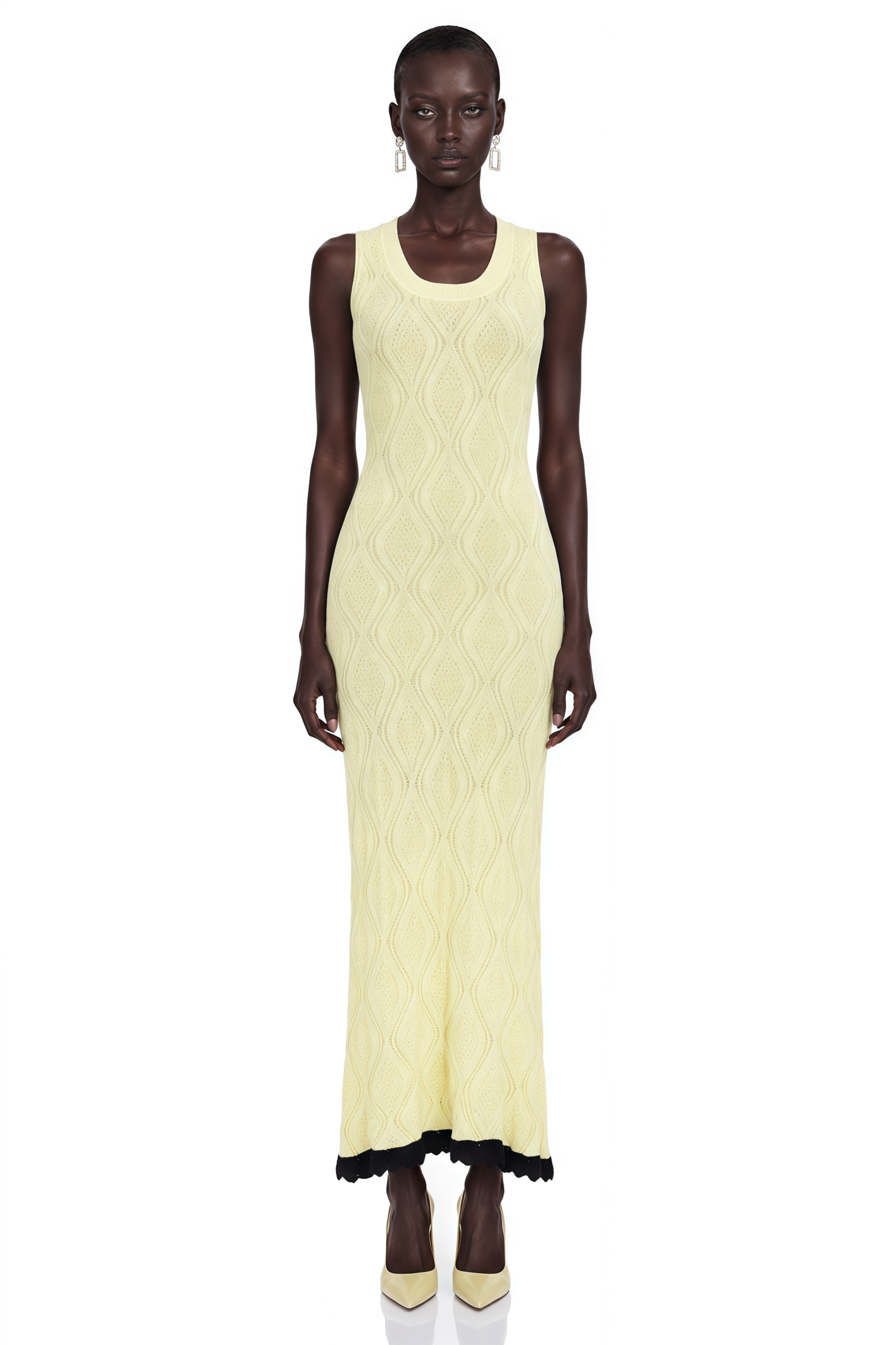 Vale Yellow U-Neck Maxi Dress with Lace Trim