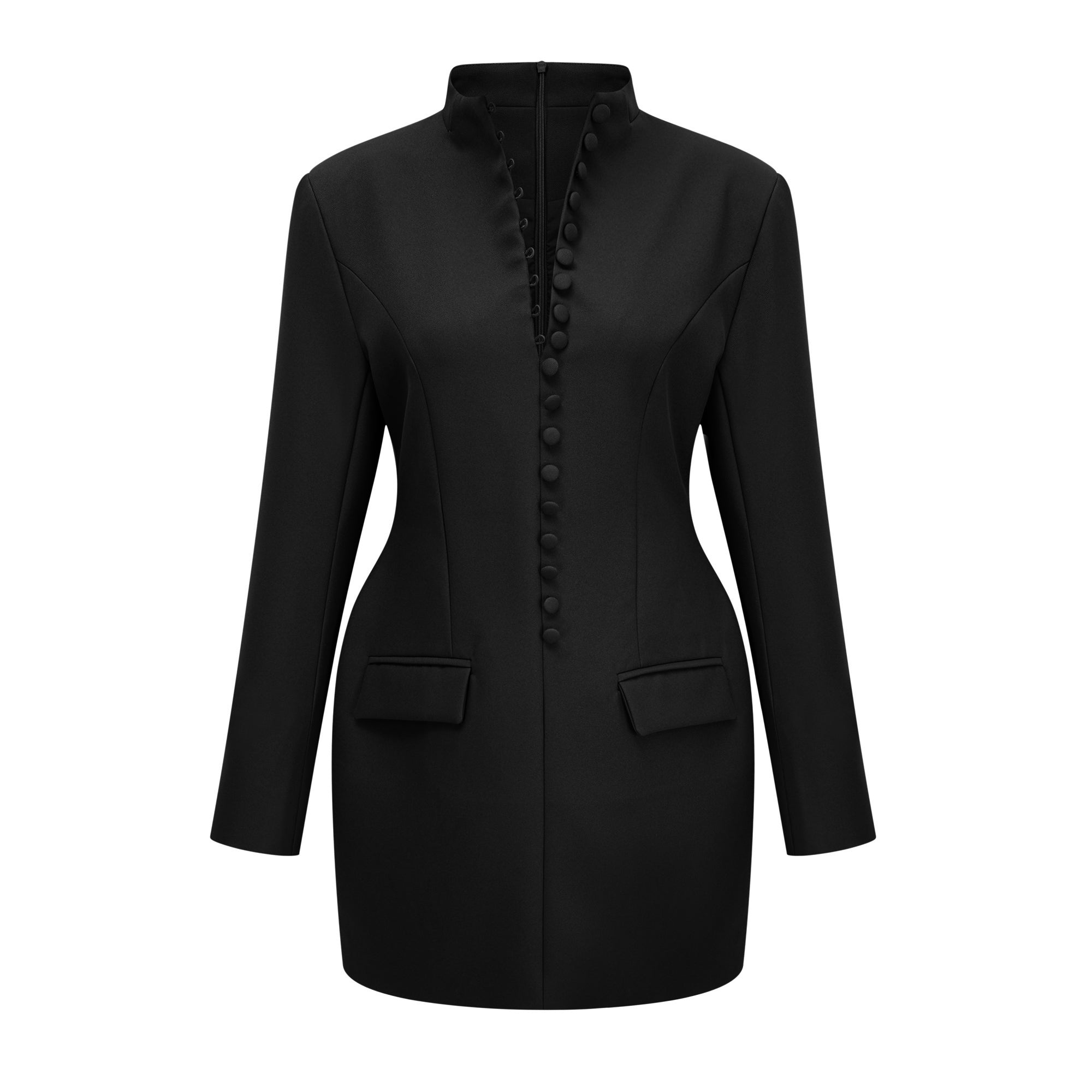 Valeria Black Stand Collar Long Sleeves Mini Dress