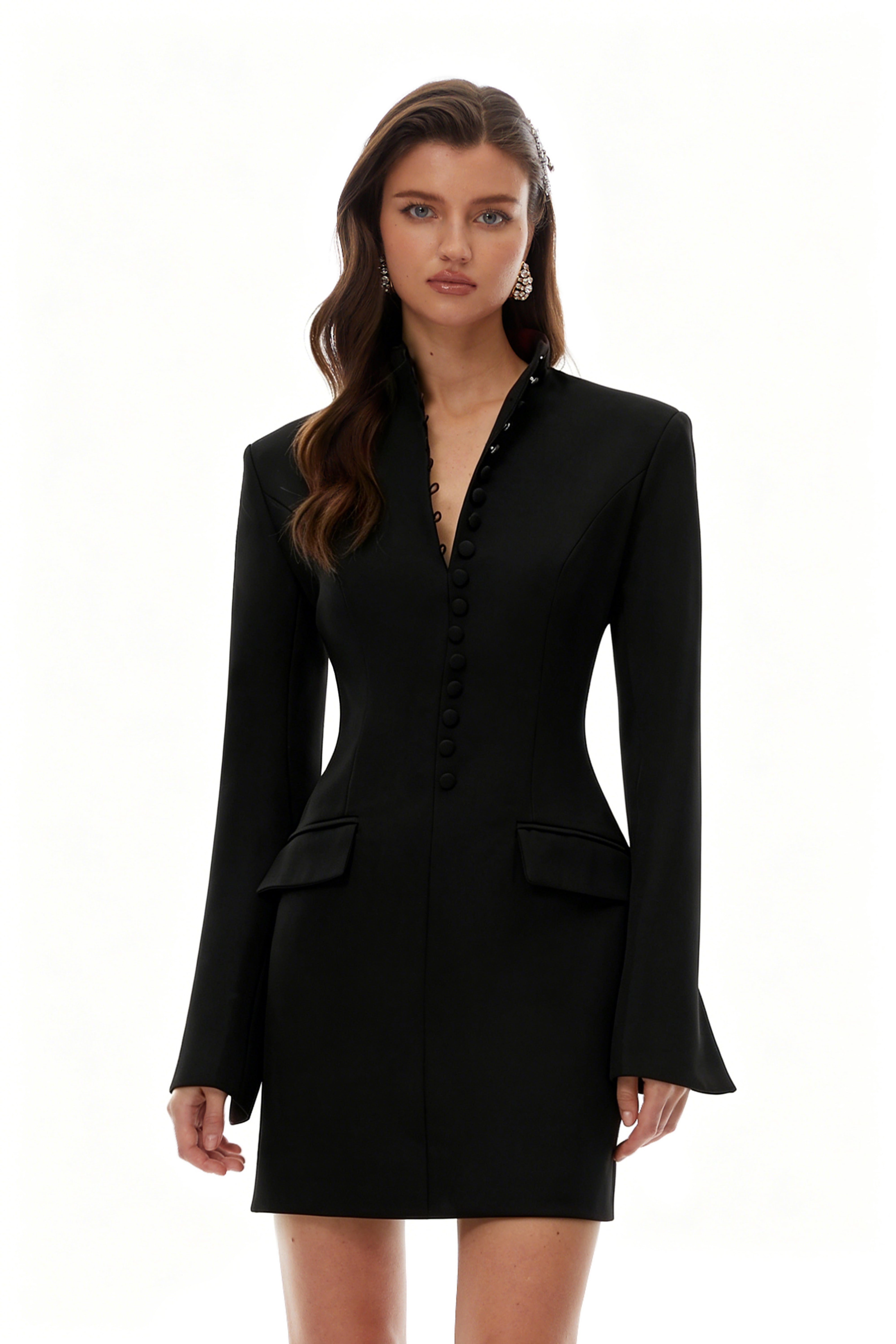 Valeria Black Stand Collar Long Sleeves Mini Dress