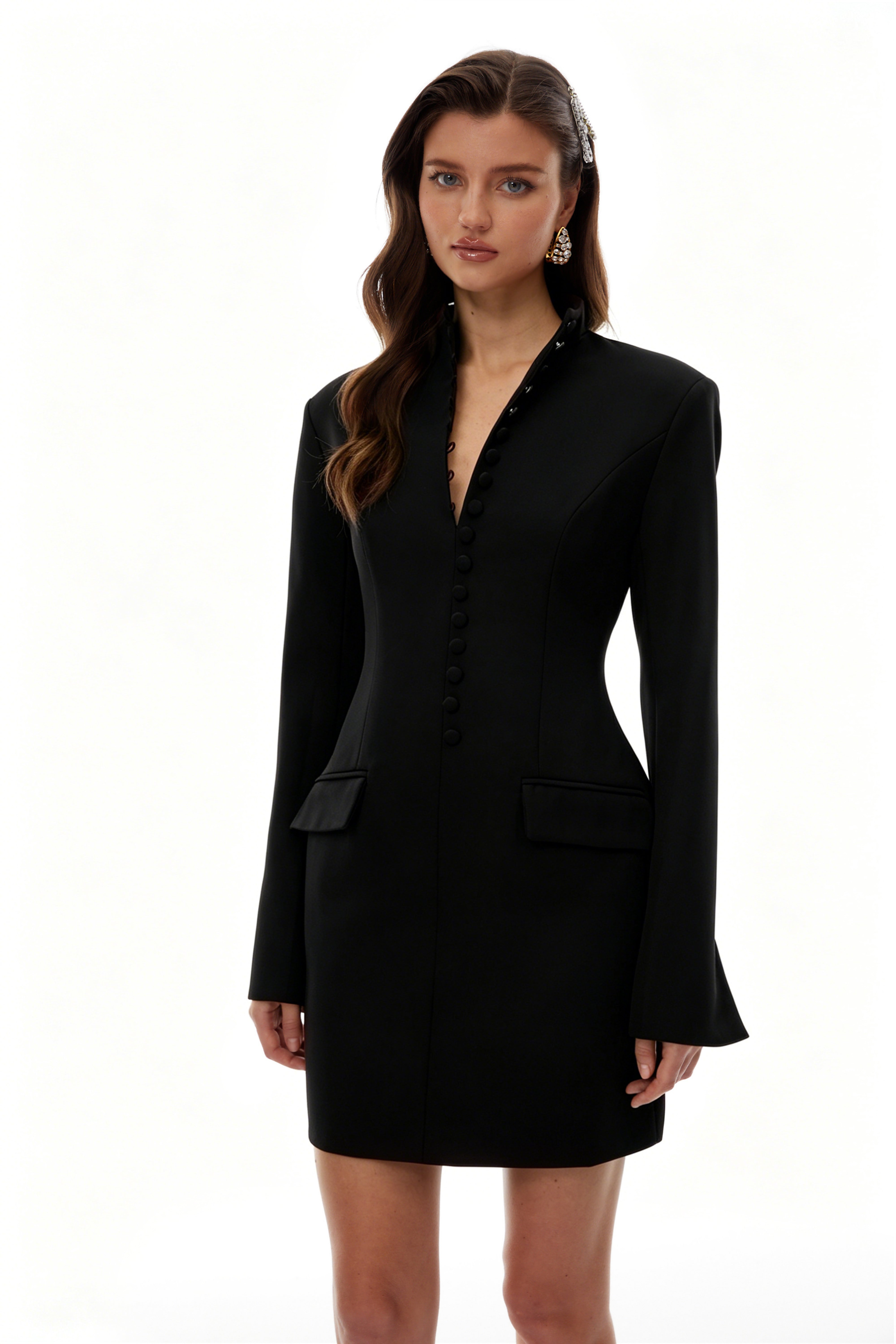 Valeria Black Stand Collar Long Sleeves Mini Dress