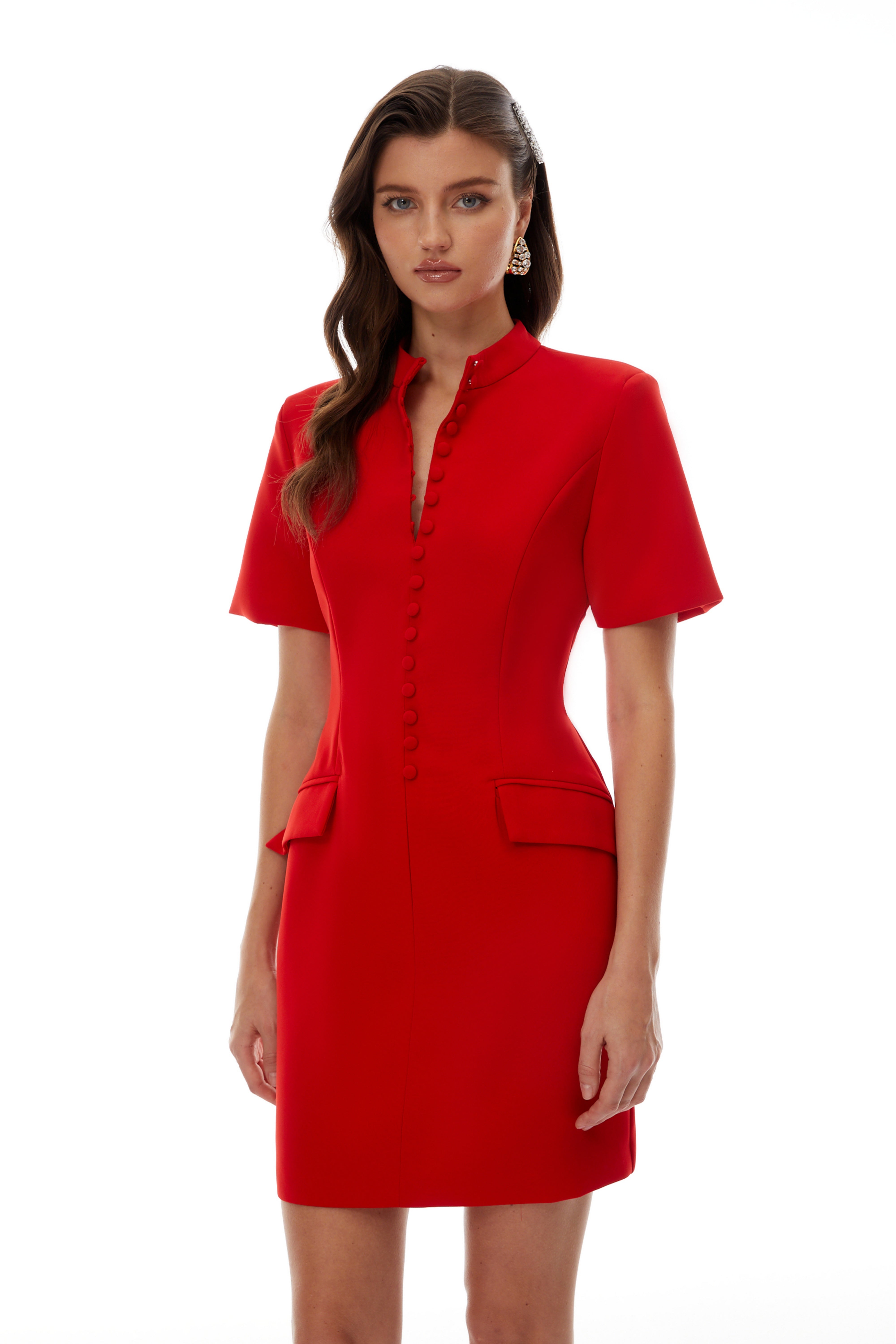 Valeria Red Stand Collar Short Sleeves Mini Dress (Final Sale-US Only)
