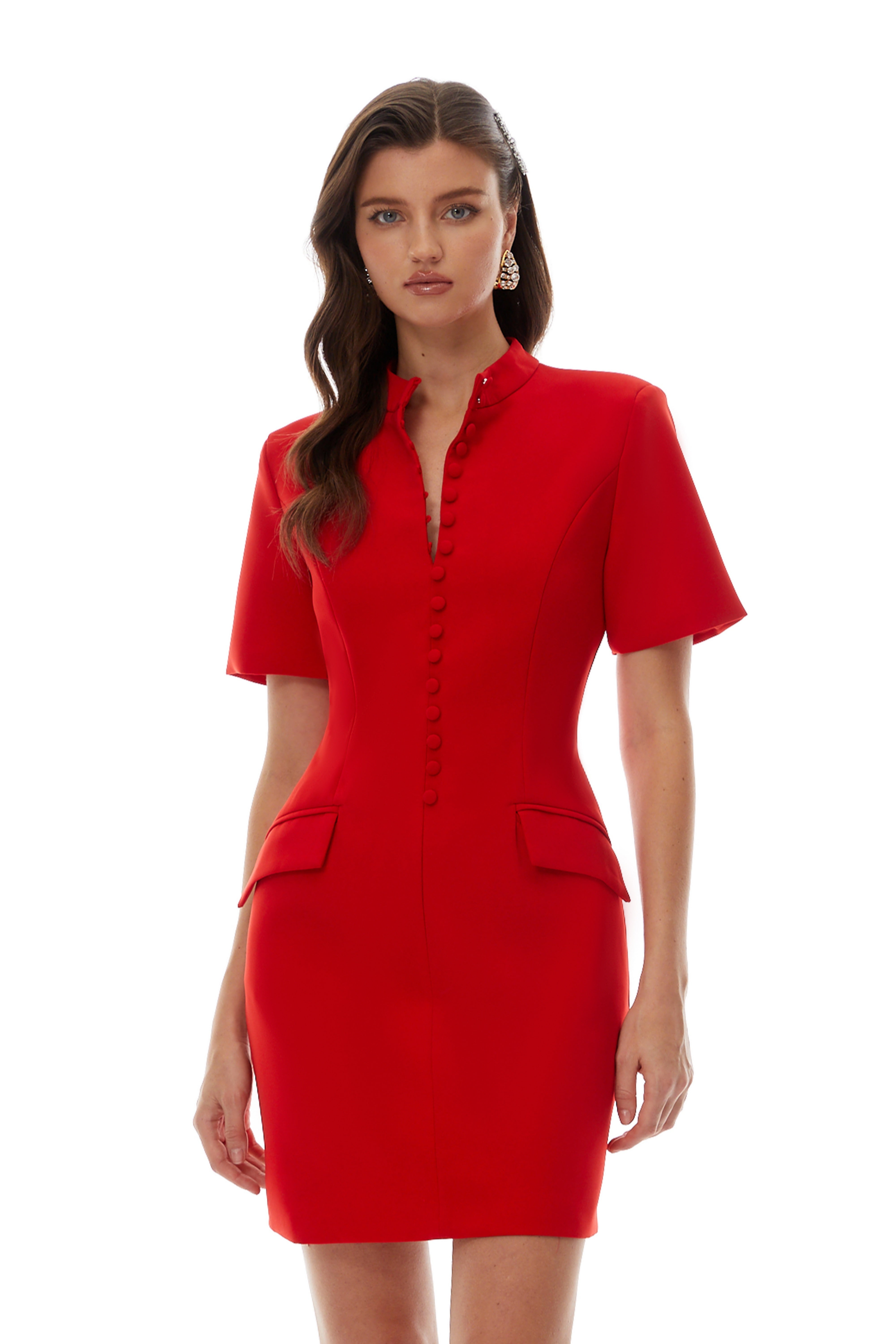 Valeria Red Stand Collar Short Sleeves Mini Dress (Final Sale-US Only)