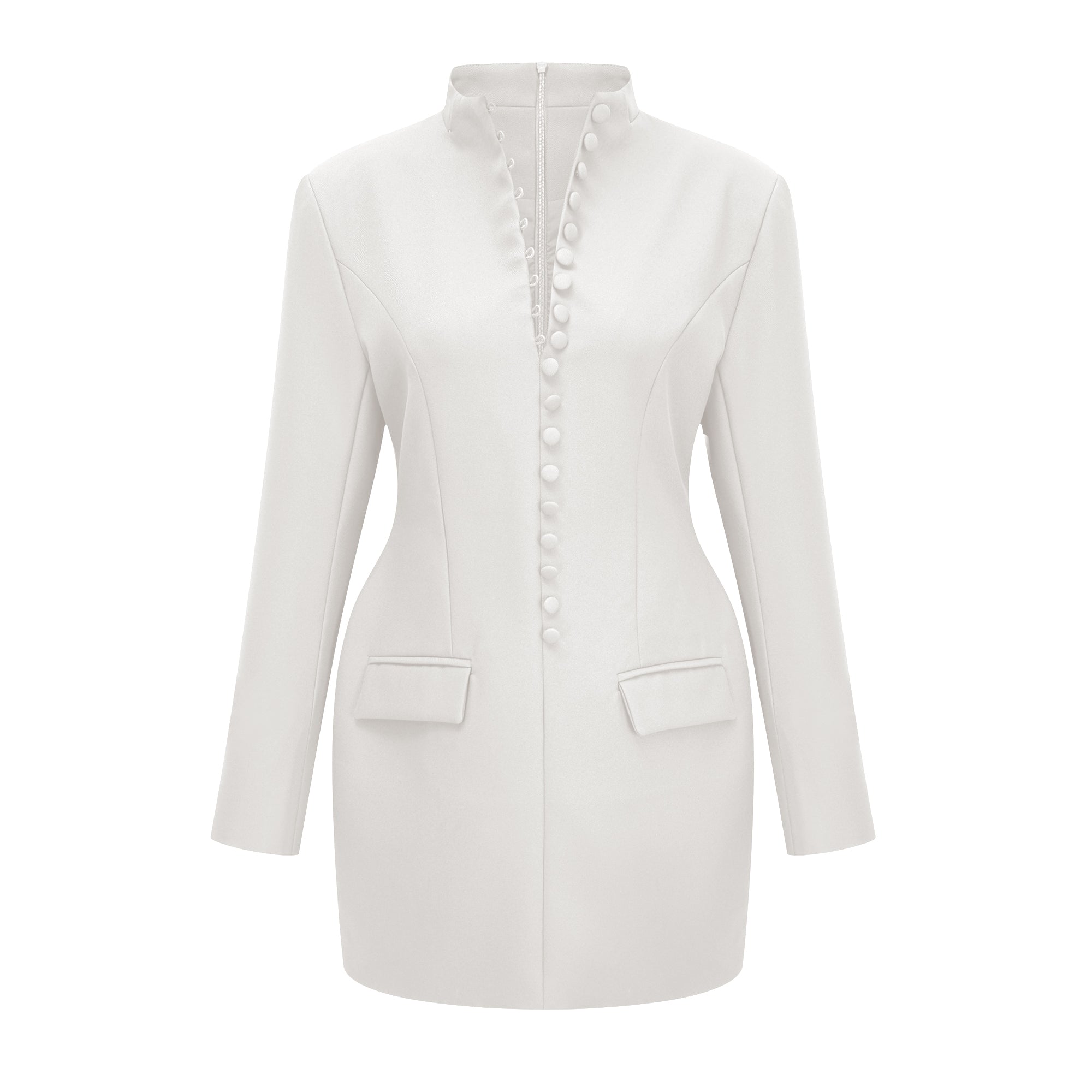 Valeria White Stand Collar Long Sleeves Mini Dress