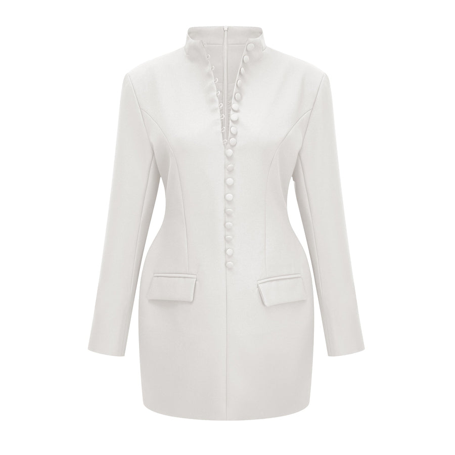Valeria White Stand Collar Long Sleeves Mini Dress