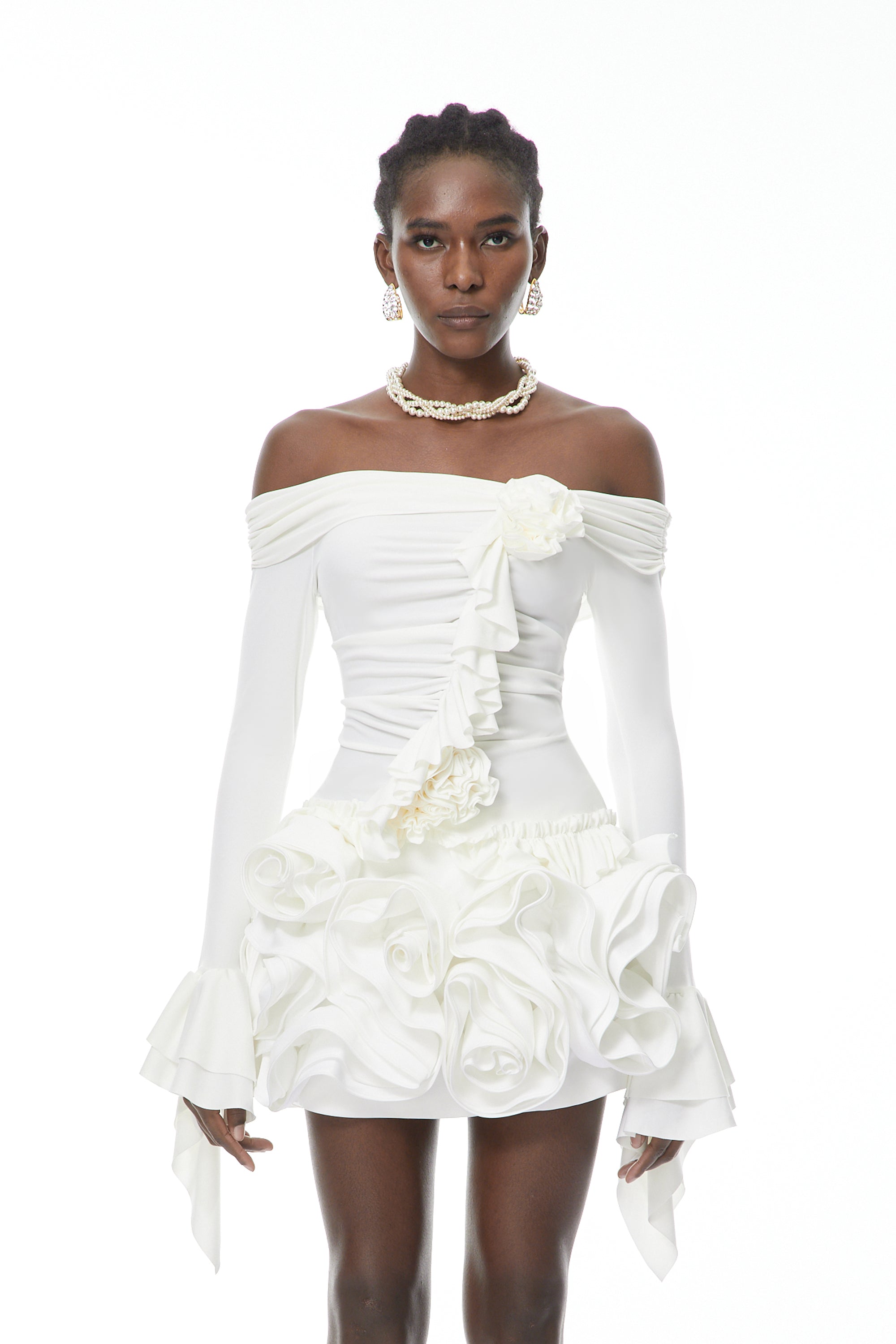 Vanessa White Blouse & Skirt Set with 3D Petals (Final Sale-US Only)