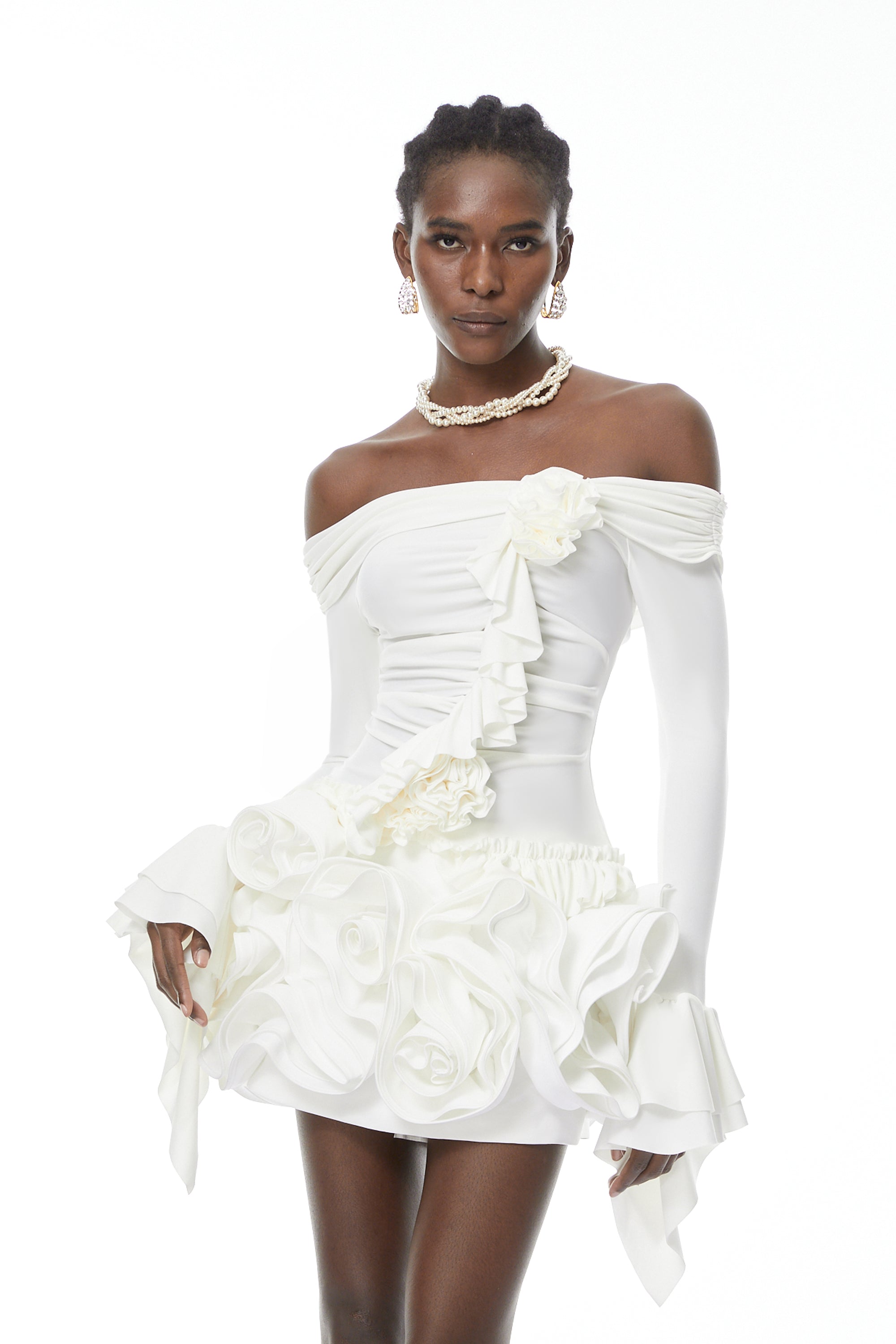 Vanessa White Blouse & Skirt Set with 3D Petals