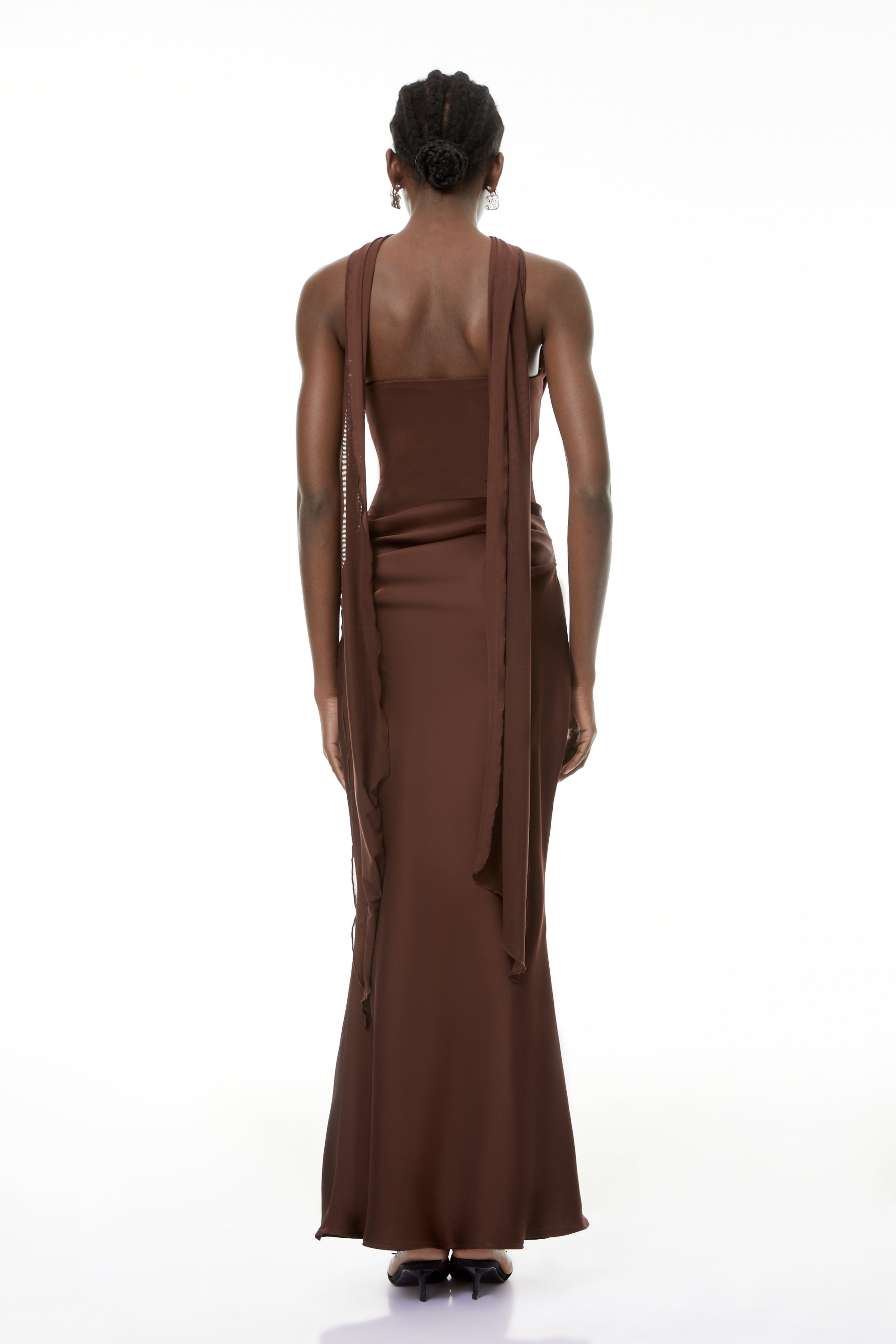 Vedette Brown Ruched Corset Maxi Dress (Without Gloves)