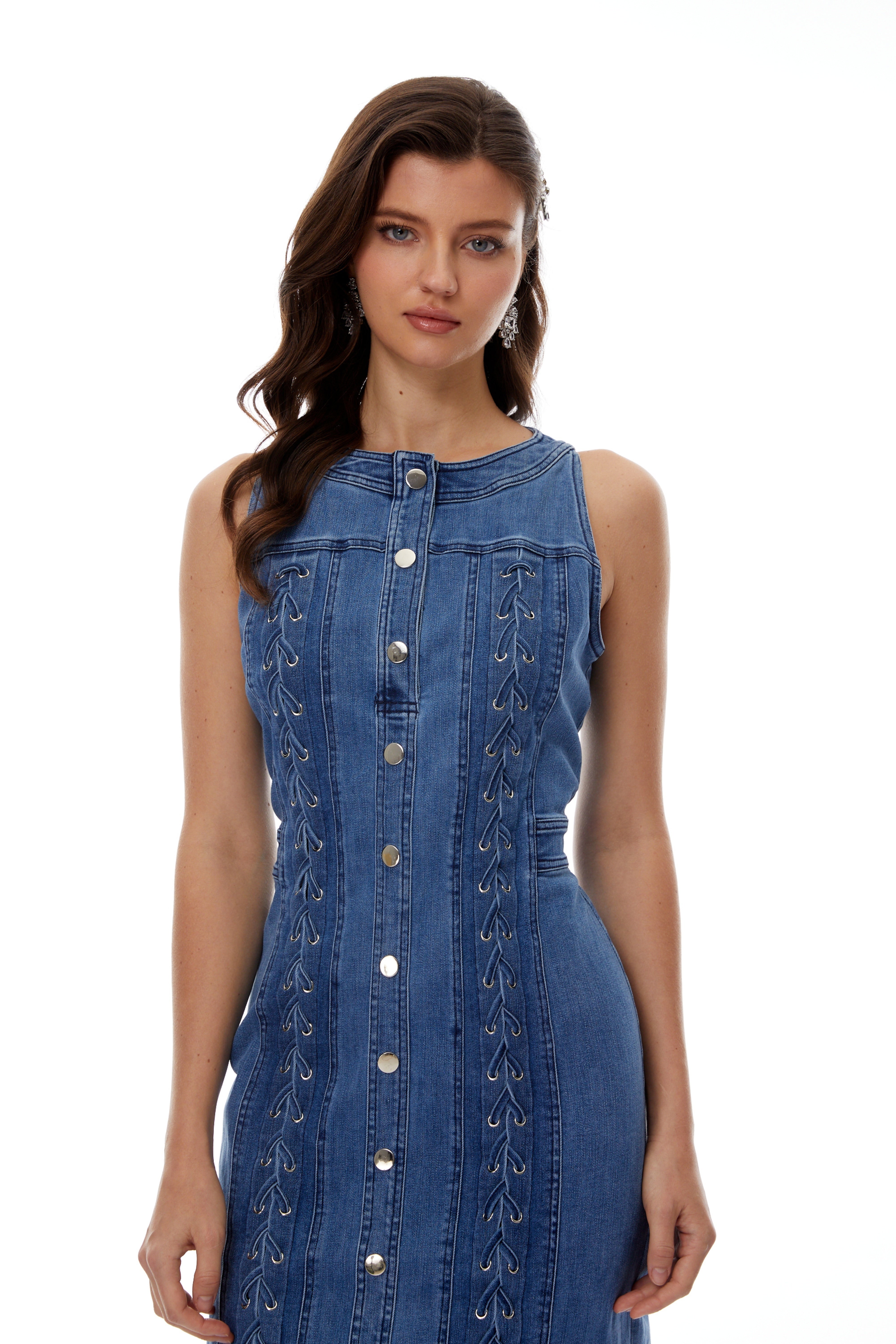 Veronika Blue Lace-Up Design Denim Mini Dress (Final Sale)