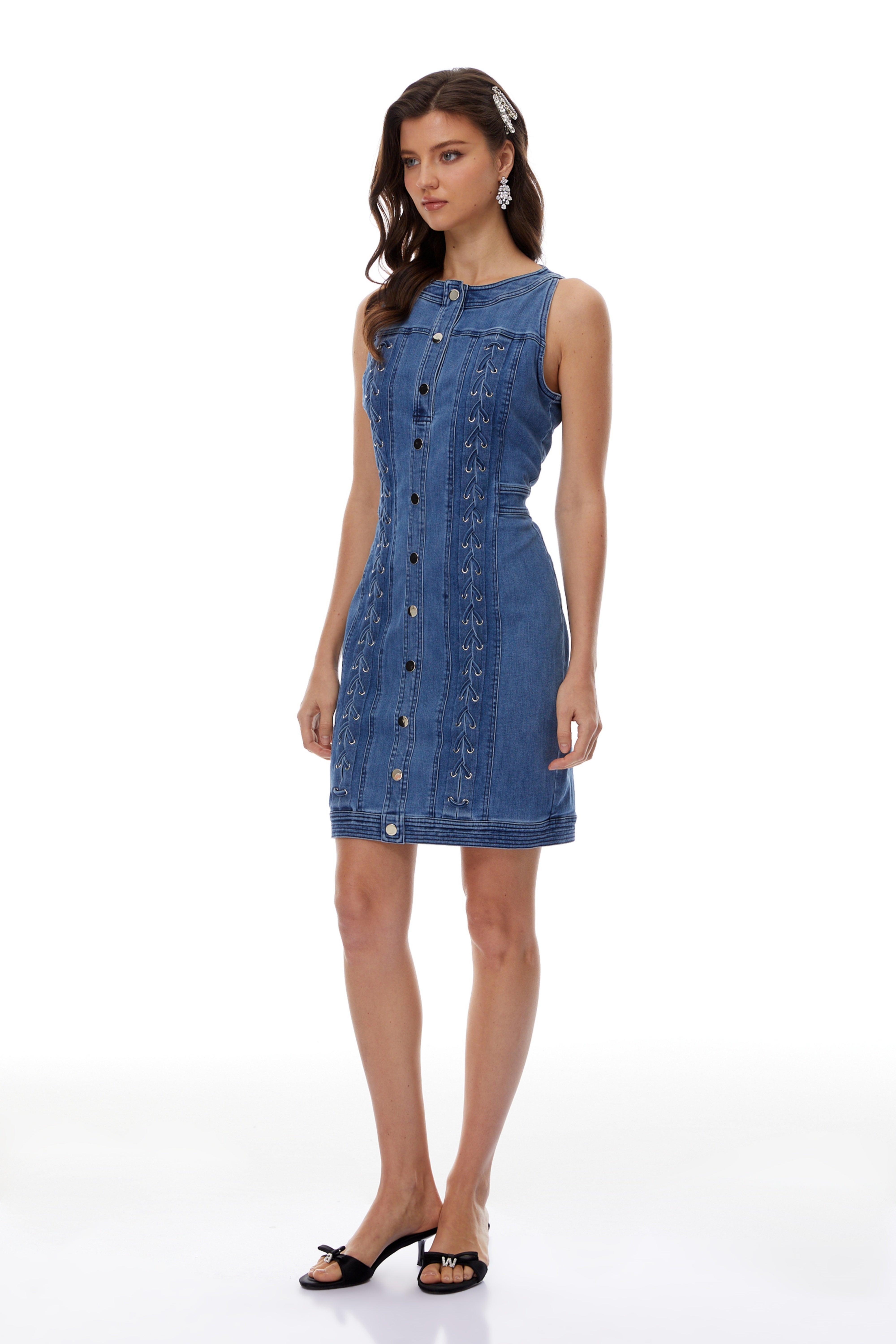 Veronika Blue Lace-Up Design Denim Mini Dress (Final Sale)