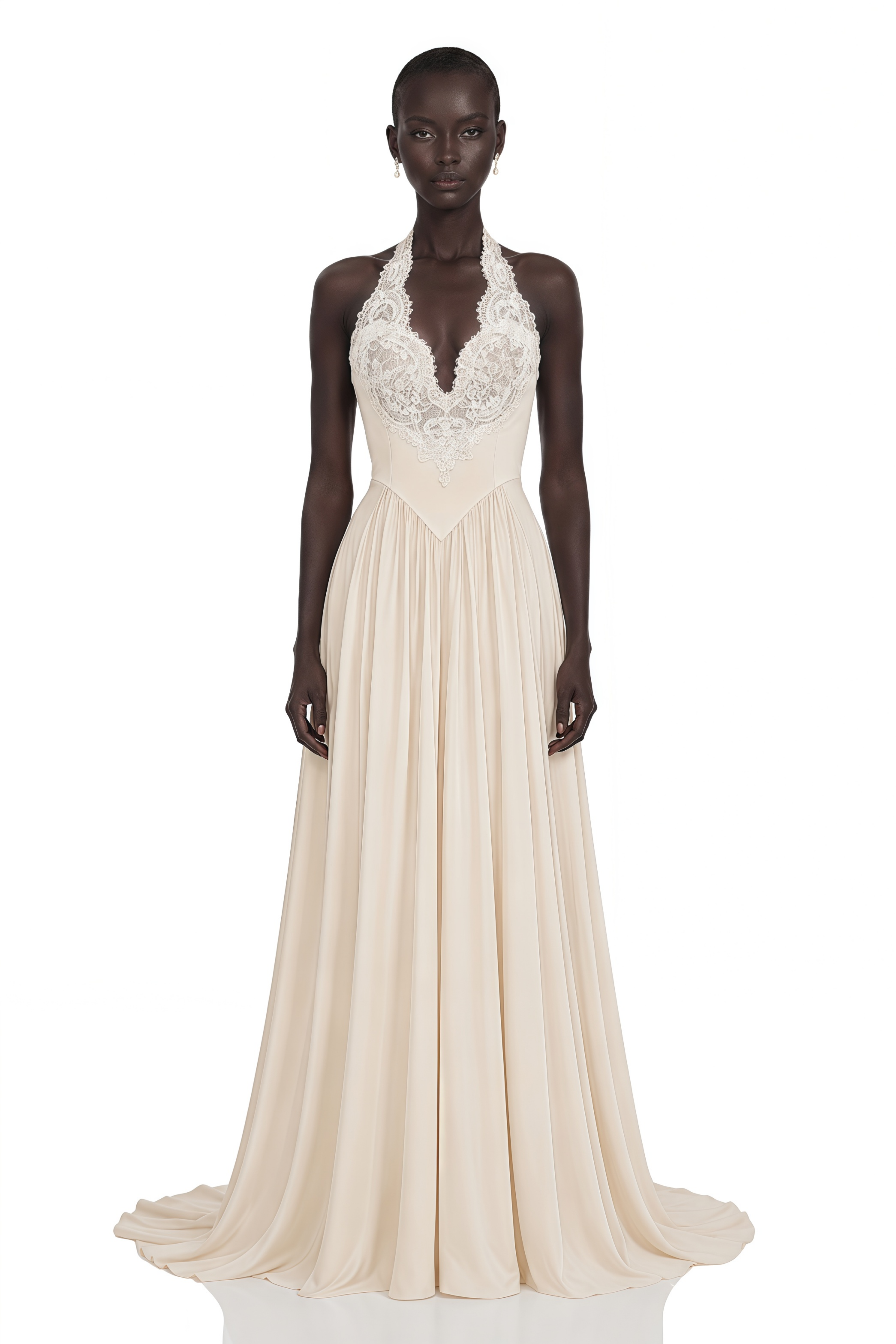 Veronique Champagne V-Neck Satin Maxi Dress with Train
