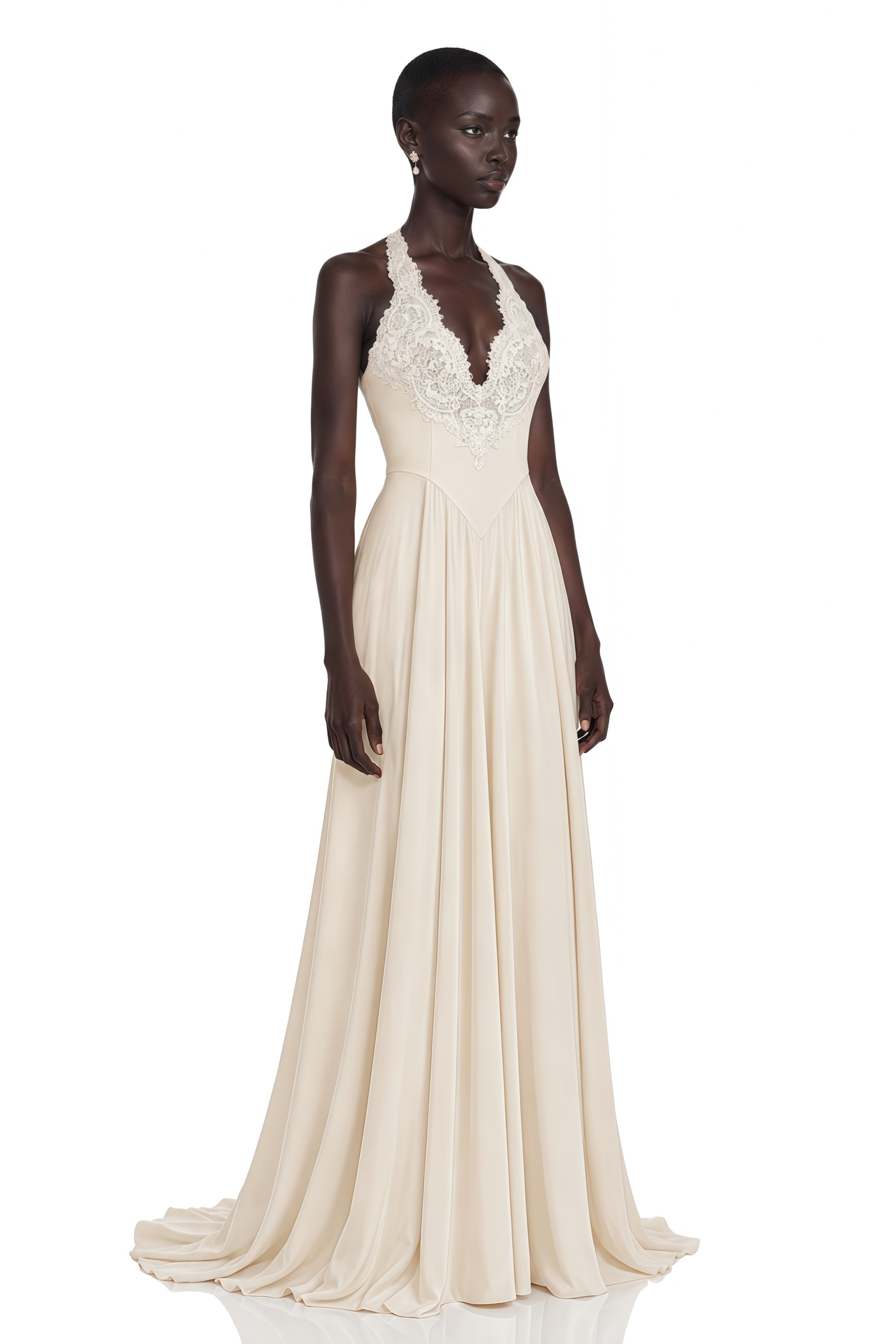 Veronique Champagne V-Neck Satin Maxi Dress with Train