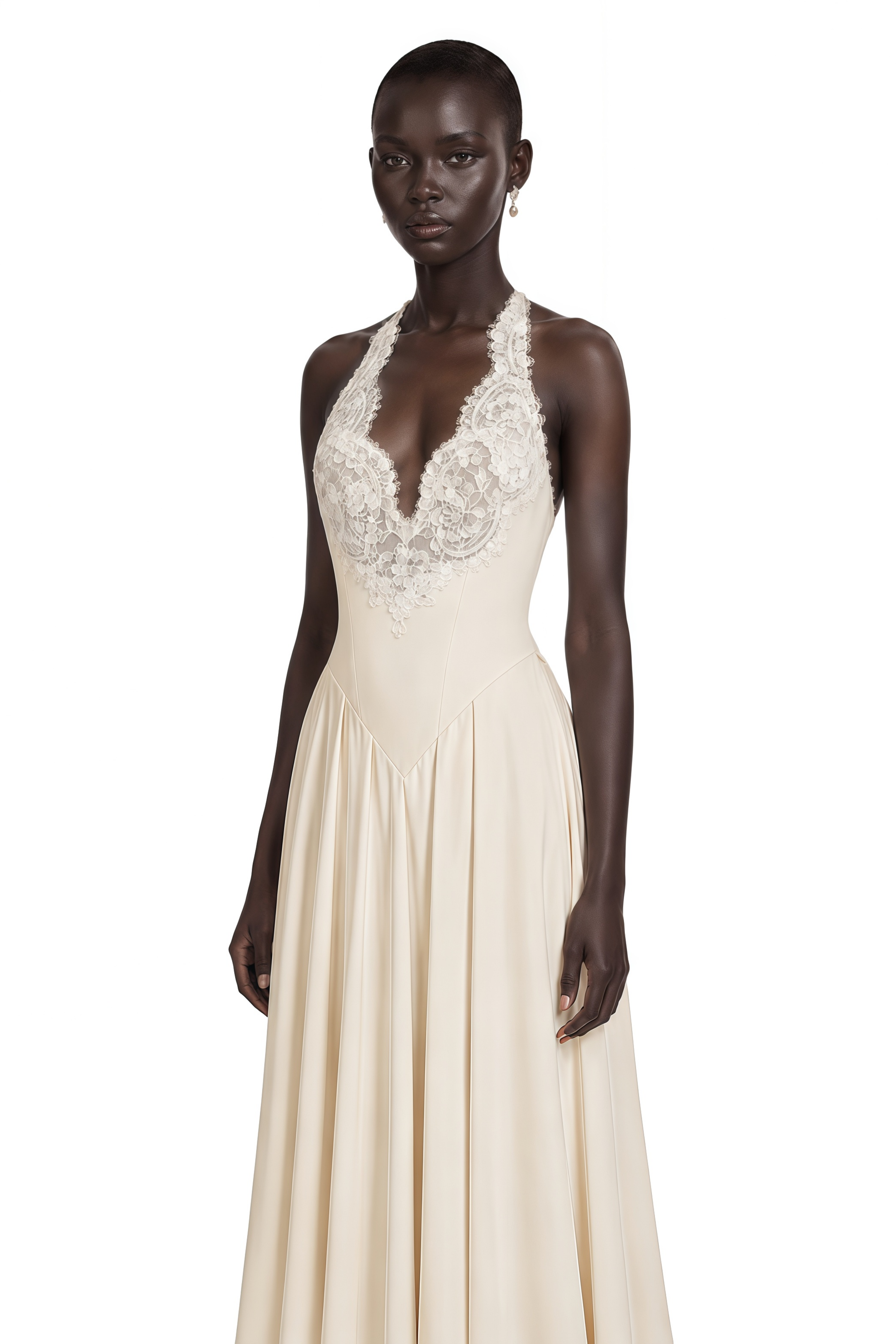 Veronique Champagne V-Neck Satin Maxi Dress with Train