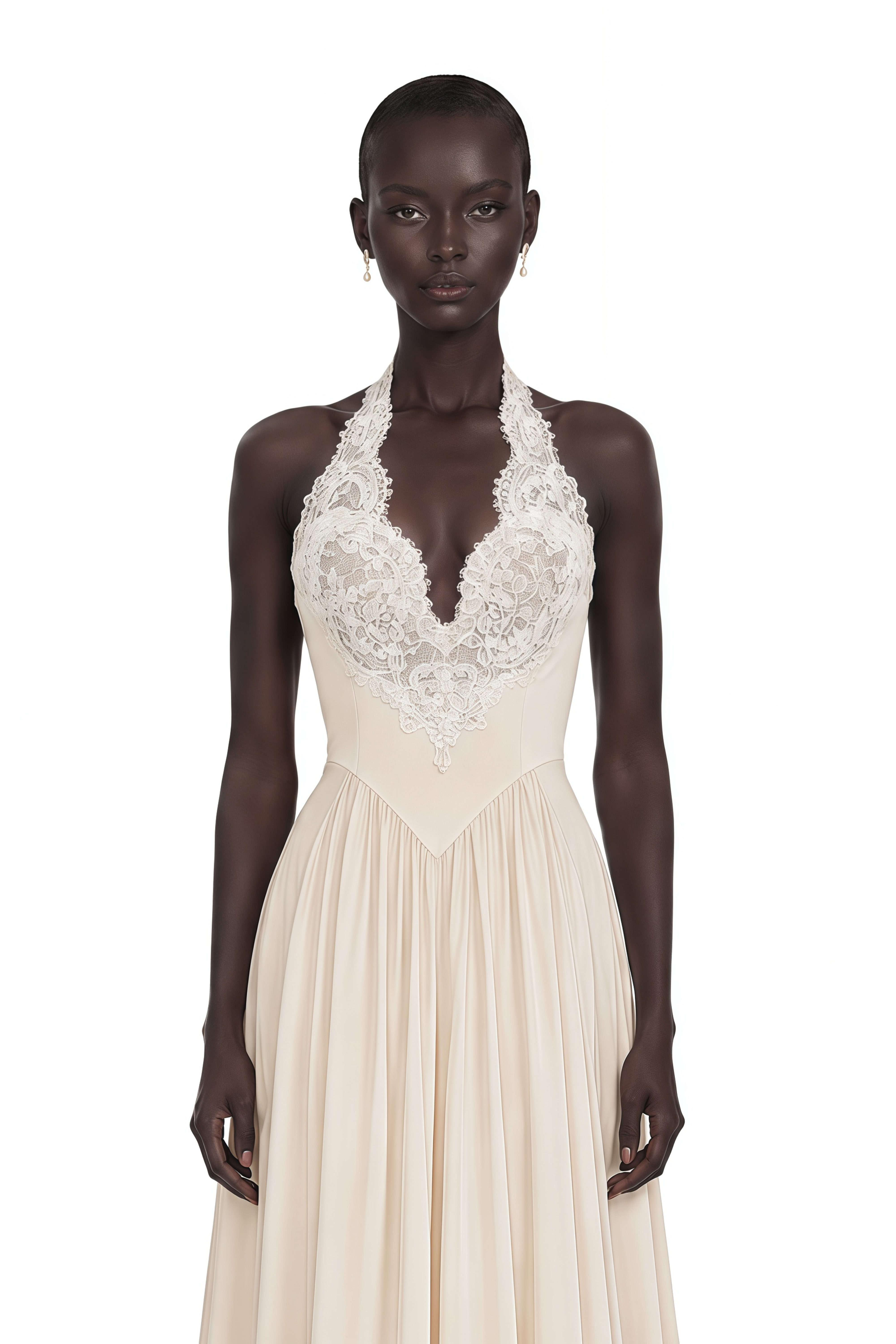 Veronique Champagne V-Neck Satin Maxi Dress with Train