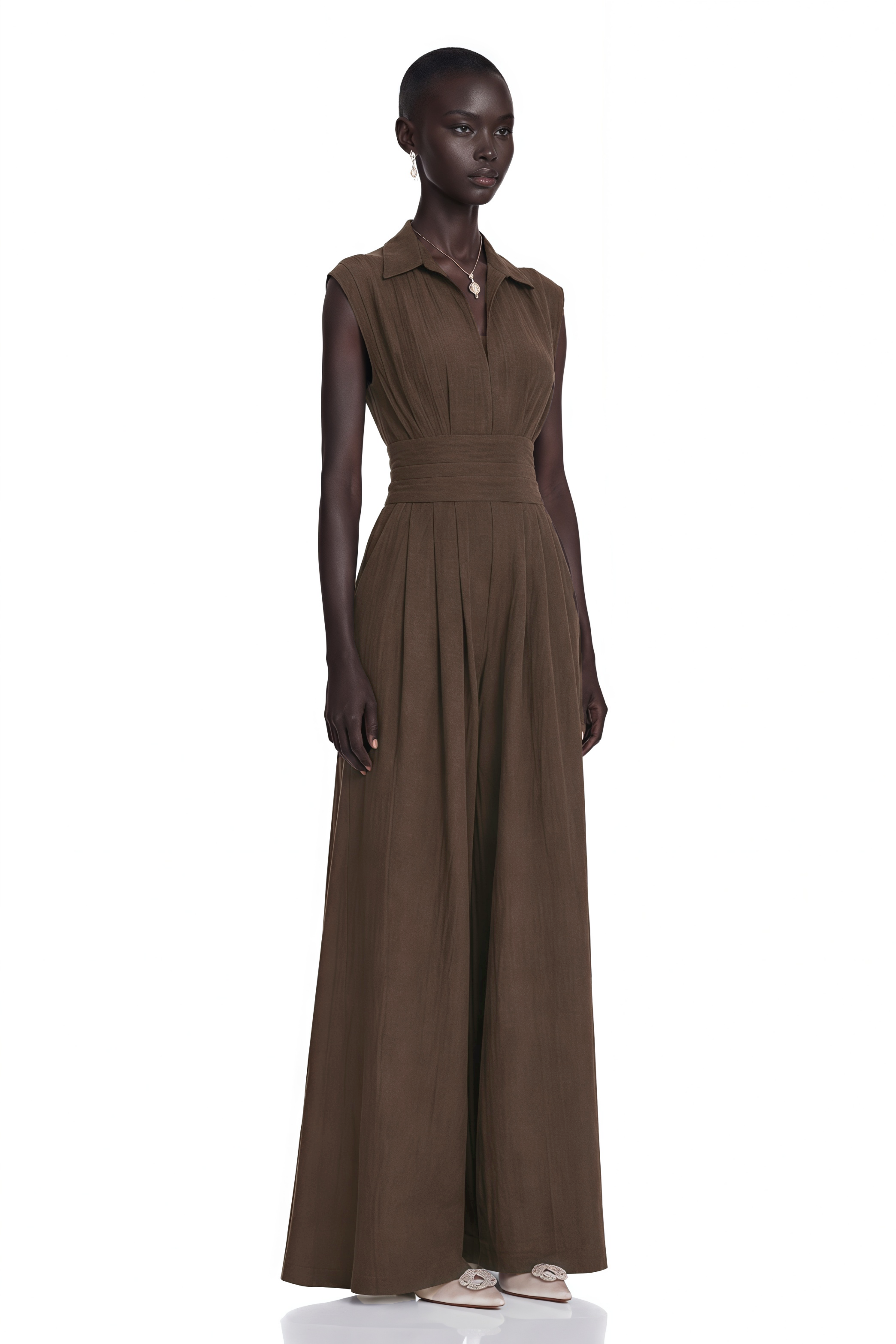Victoire Chocolate Brown Plunge Neck Collared Jumpsuit