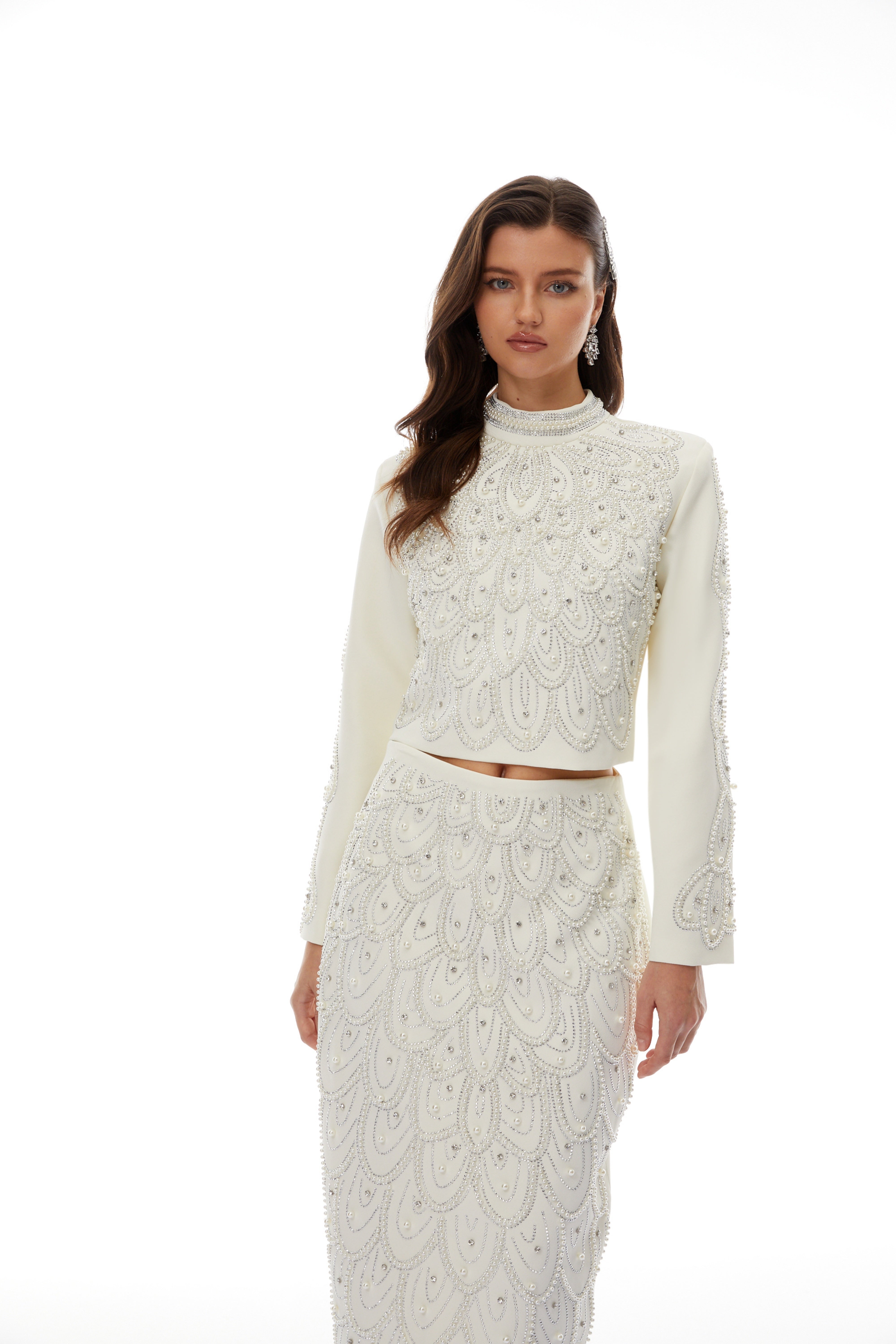 Vigdís White Bead Embellished Blouse & Skirt Set