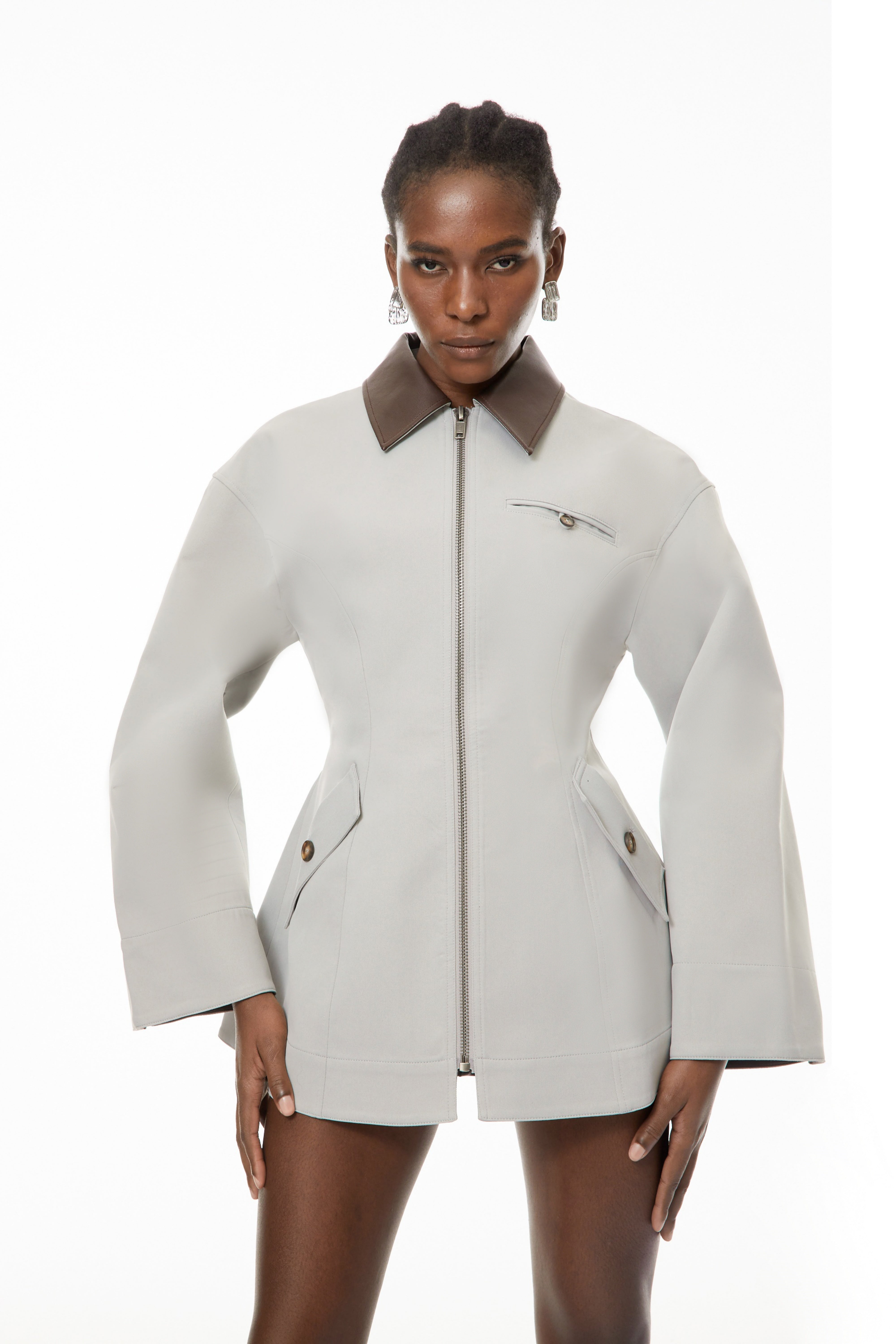 Vilma Grey Leather Collar Hunting Jacket