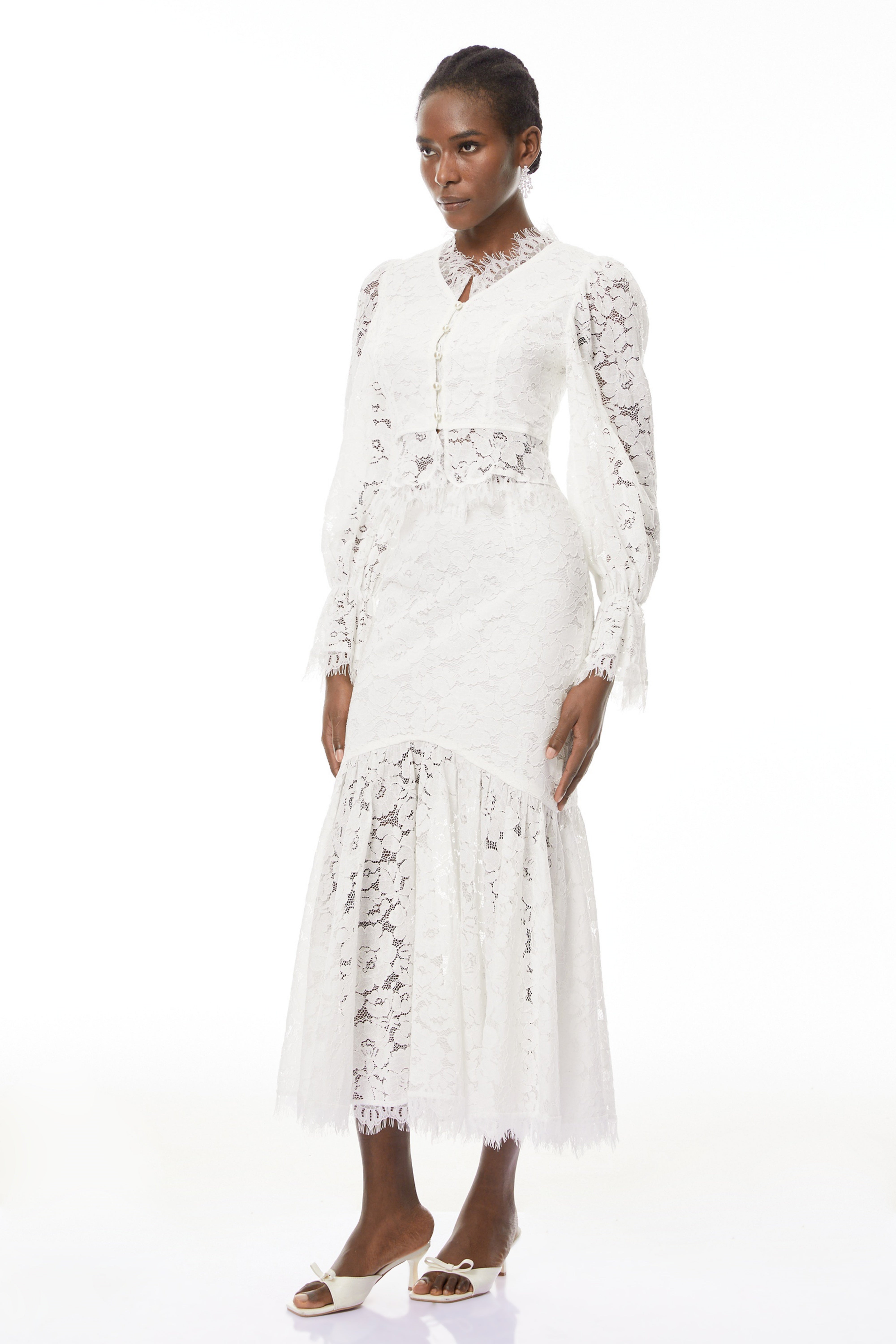 Vilma White Floral Lace Blouse & Skirt Set