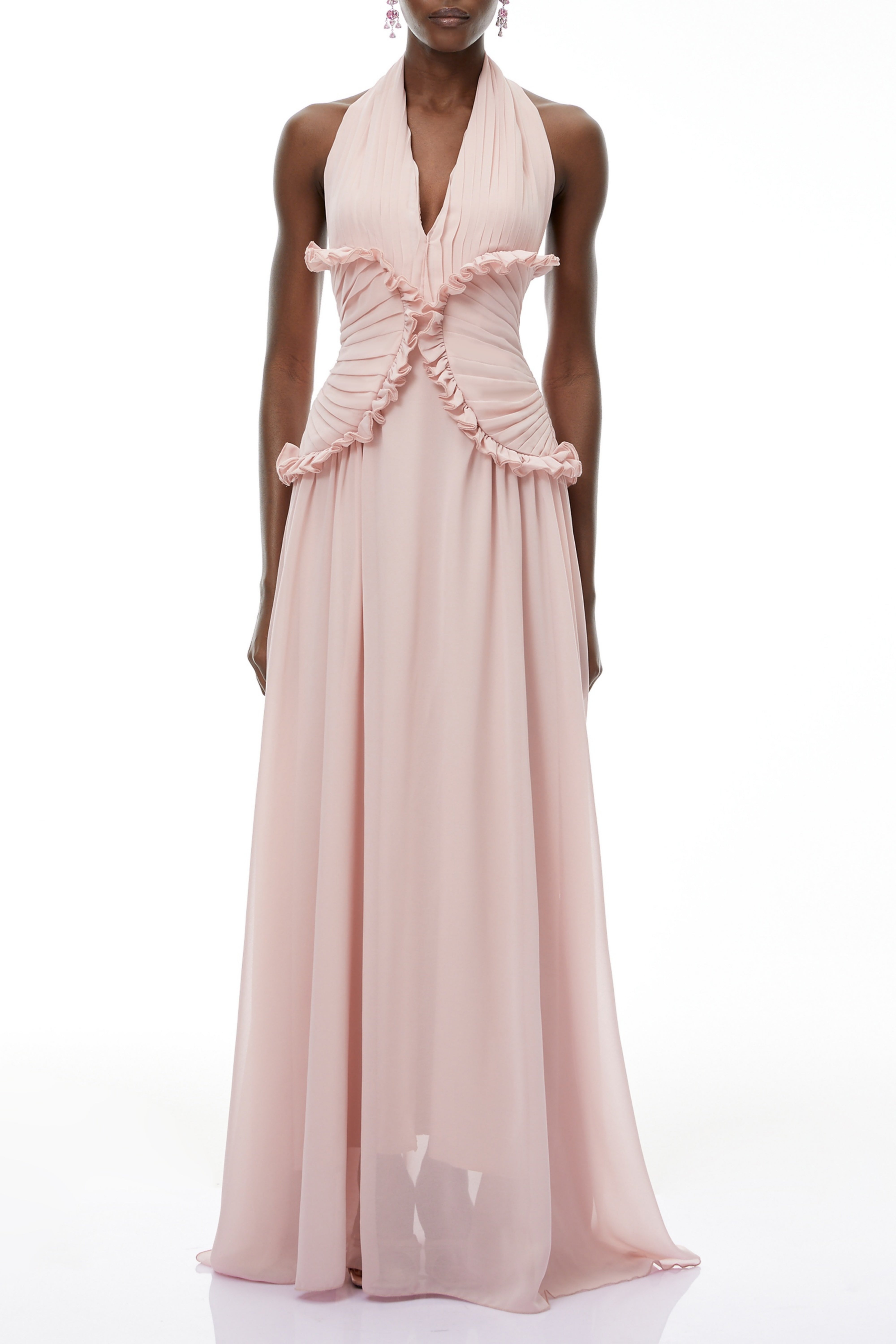 Violeta Pink Halterneck Backless Ruffled Maxi Dress (Final Sale-US Only)