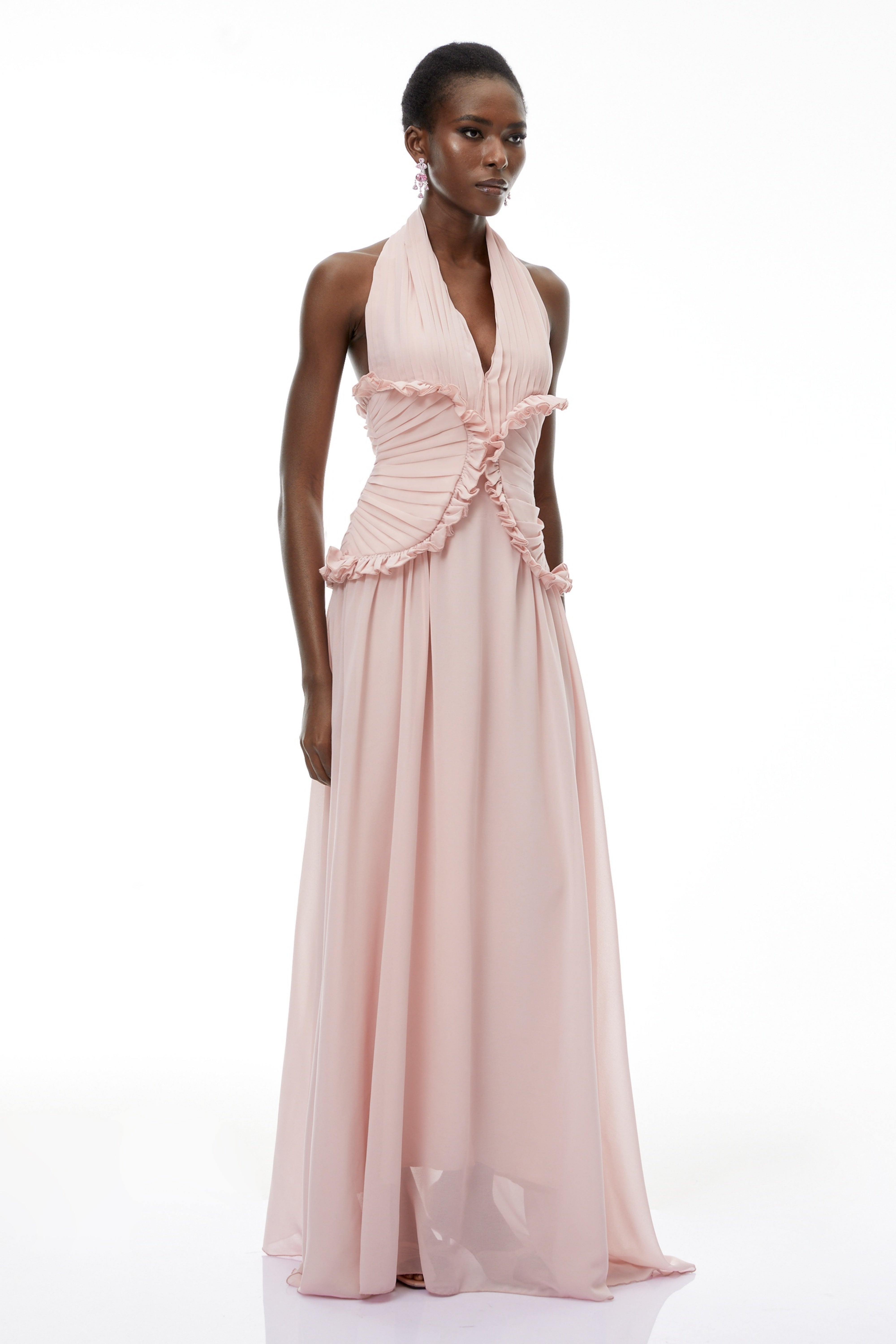 Violeta Pink Halterneck Backless Ruffled Maxi Dress (Final Sale-US Only)