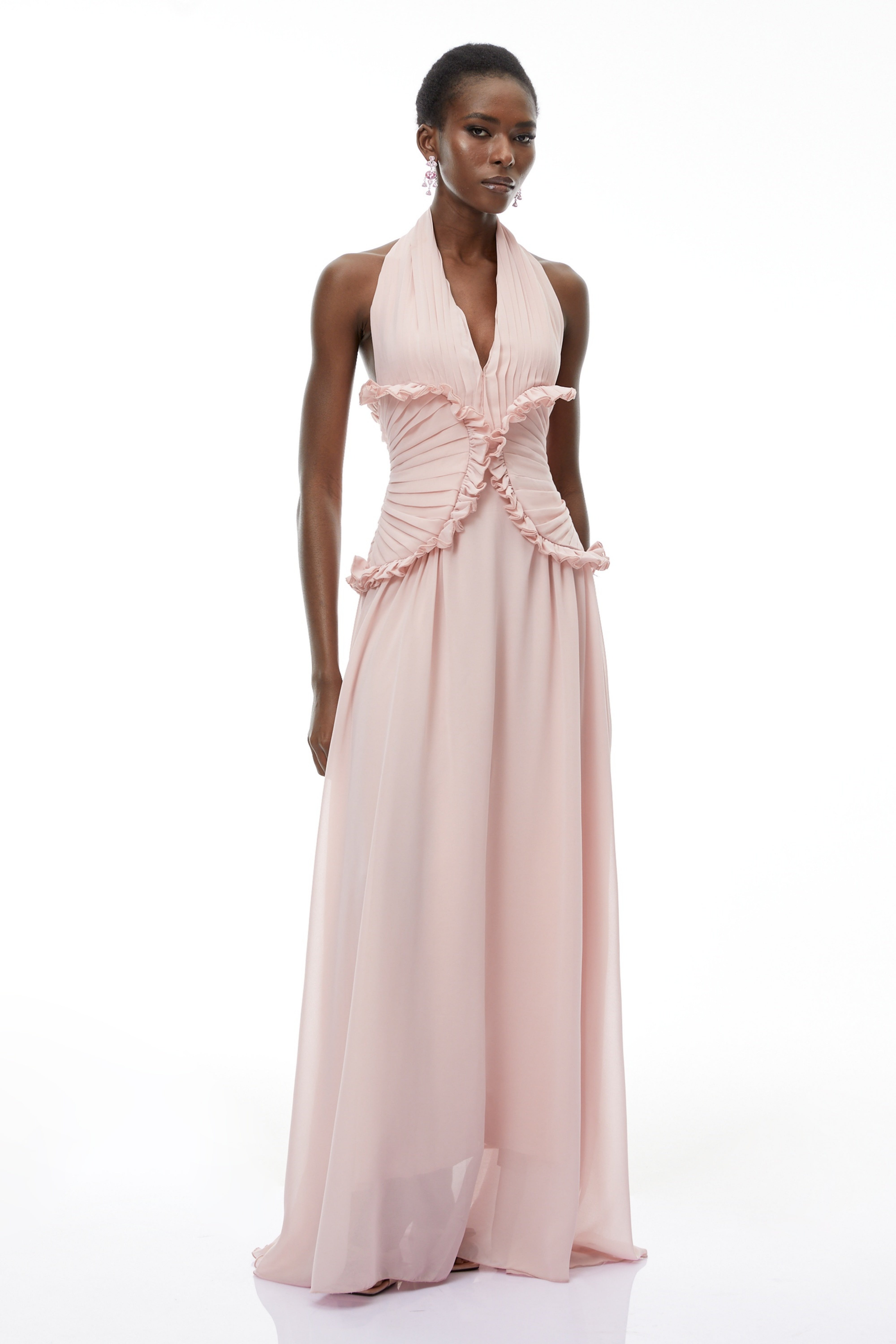 Violeta Pink Halterneck Backless Ruffled Maxi Dress (Final Sale-US Only)