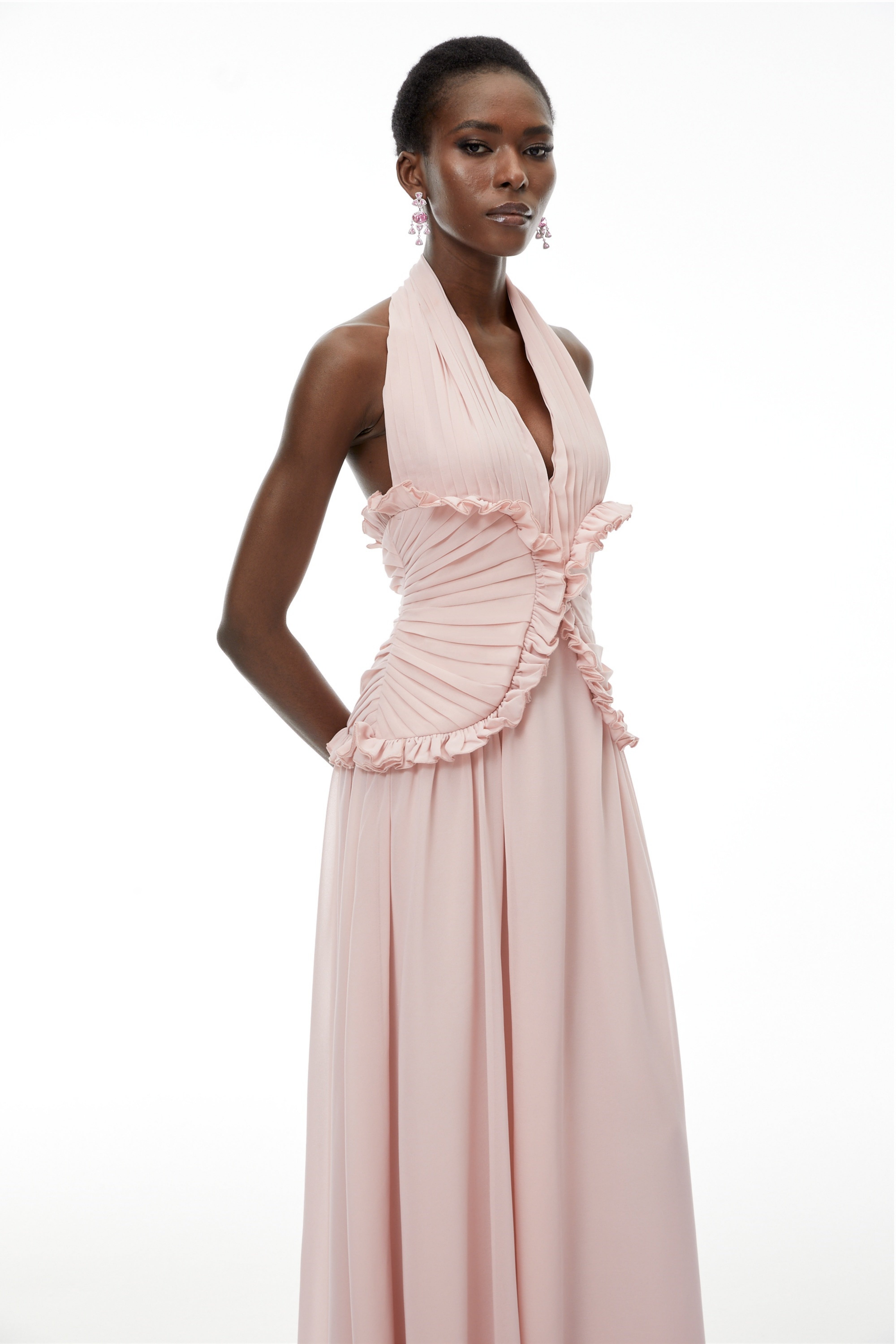 Violeta Pink Halterneck Backless Ruffled Maxi Dress (Final Sale-US Only)
