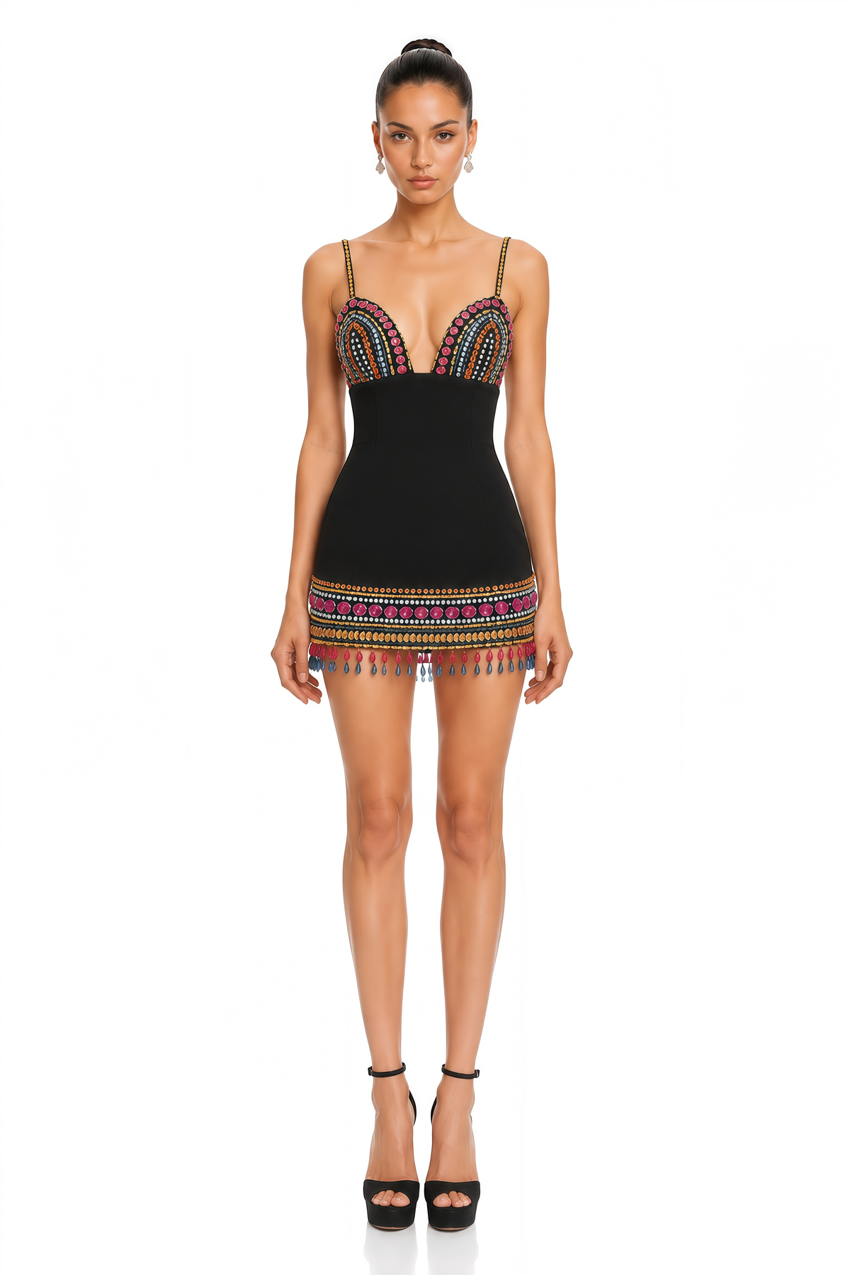 vittoria black embellished plunge mini dress