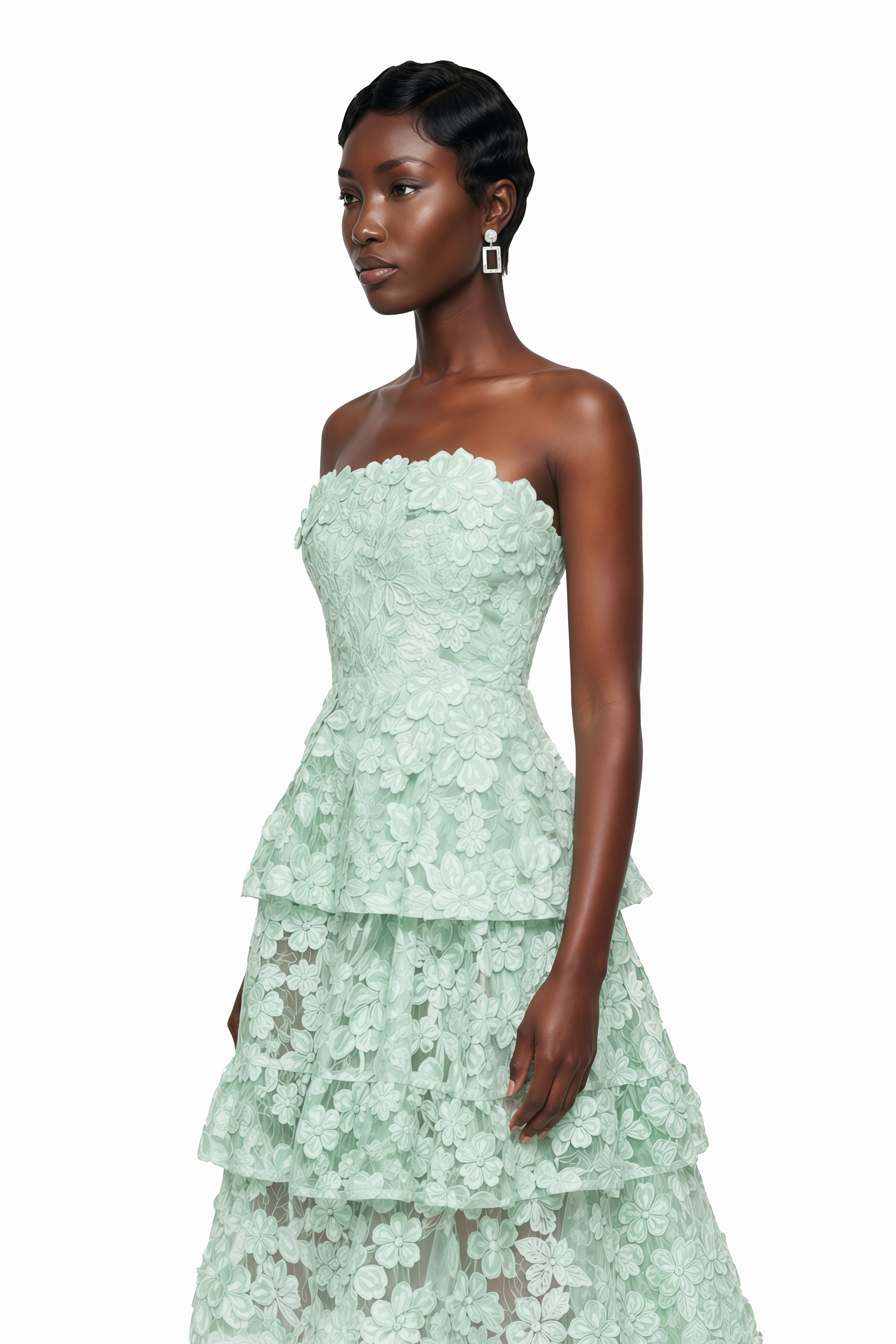 Viviana Green Tiered Midi Dress with 3D Florals