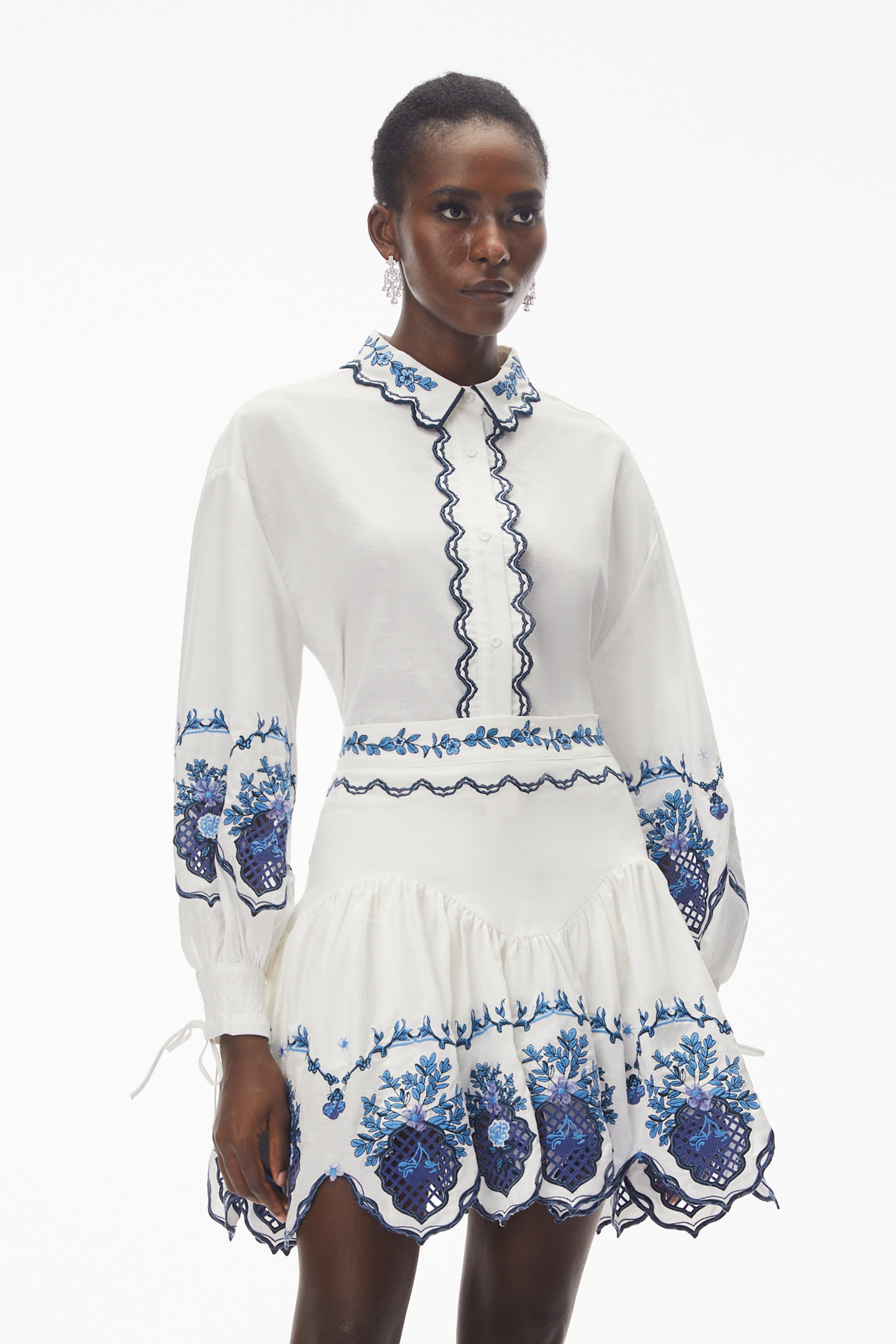 Vivienne White Embroidered Blouse & Skirt Set with Cut-Outs