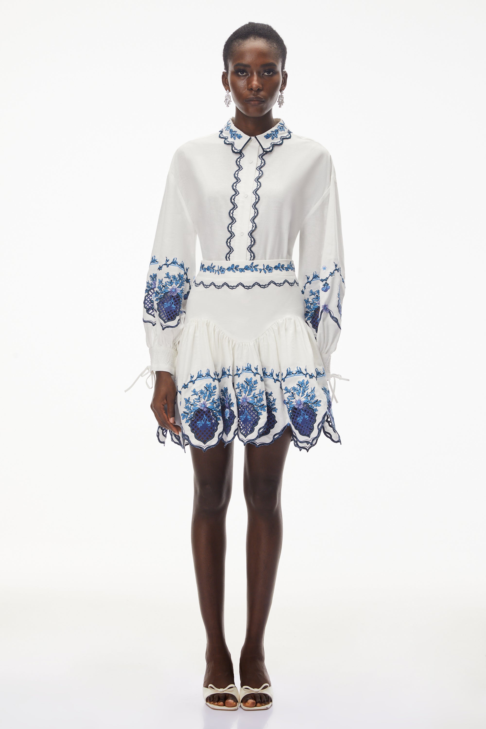 Vivienne White Embroidered Blouse & Skirt Set with Cut-Outs